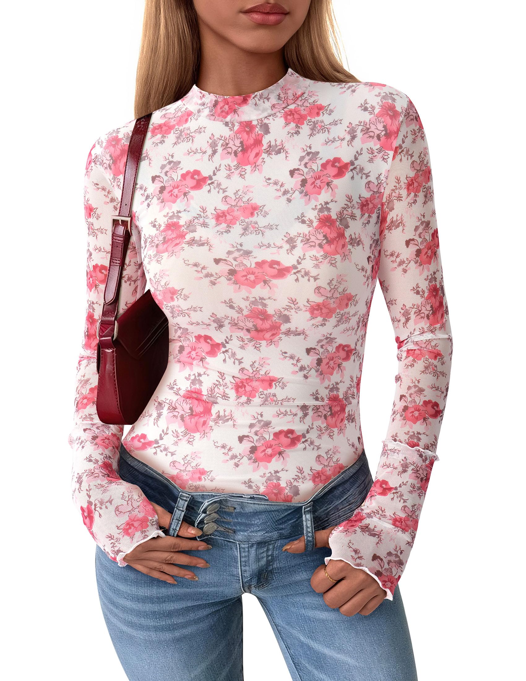 PRETTYGARDEN Womens Fall Mesh Floral Blouses Long Sleeve Going Out Tops Slim Fitted Shirts Date Night Outfits