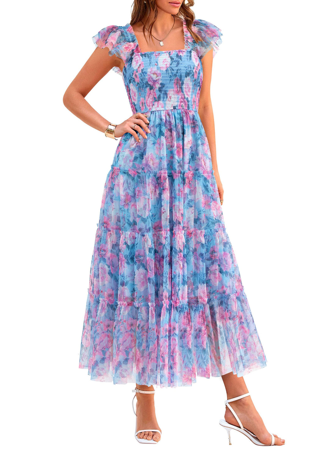 PRETTYGARDEN Women's Summer Tulle Midi Dress Sleeveless Smocked Ruffle Flowy Mesh Dresses Party Wedding Guest Sundress
