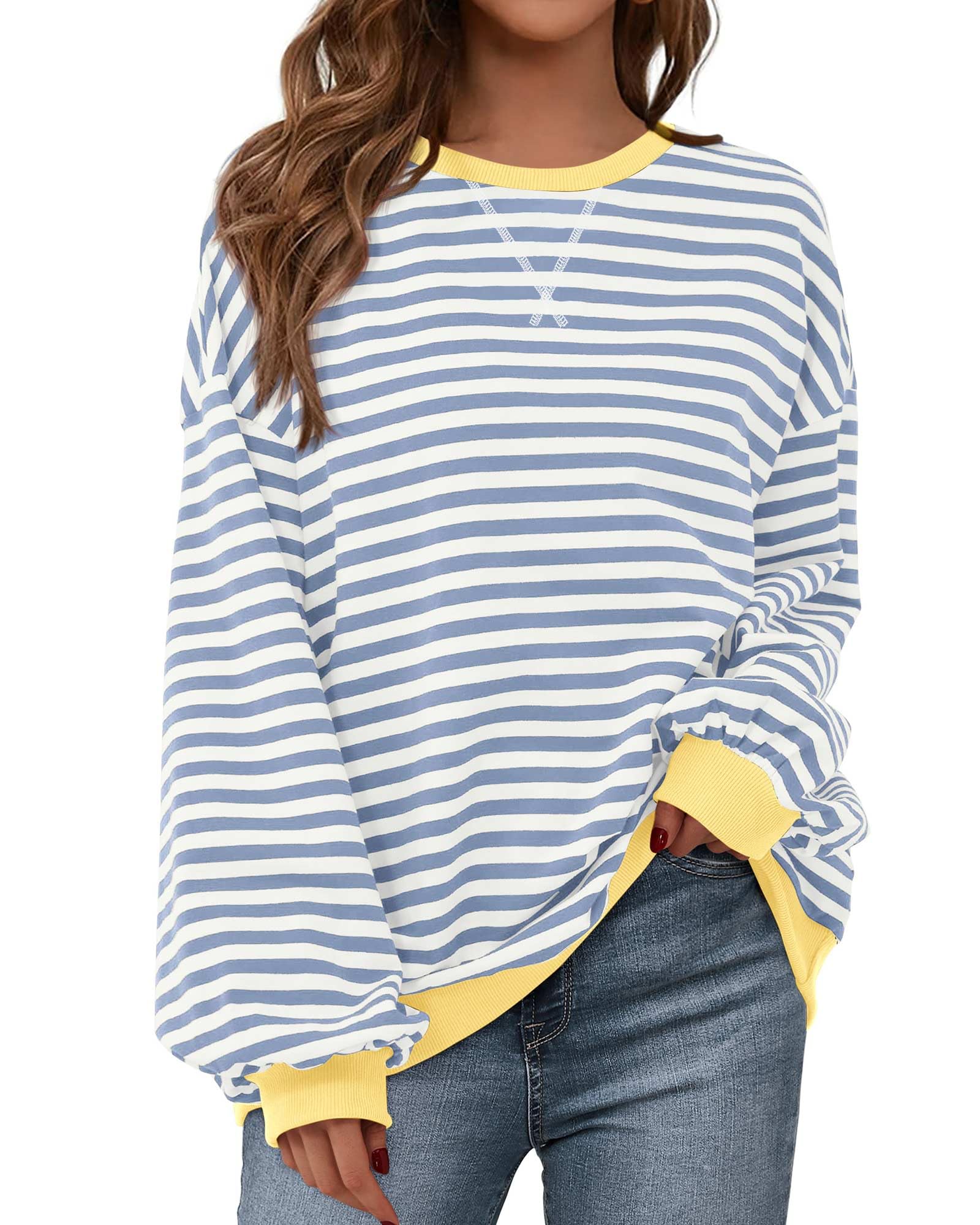 BTFBM Sweatshirt For Women Summer Crewneck Long Sleeve Oversized Striped Pullover Tops Y2K Clothes Workout Shirt