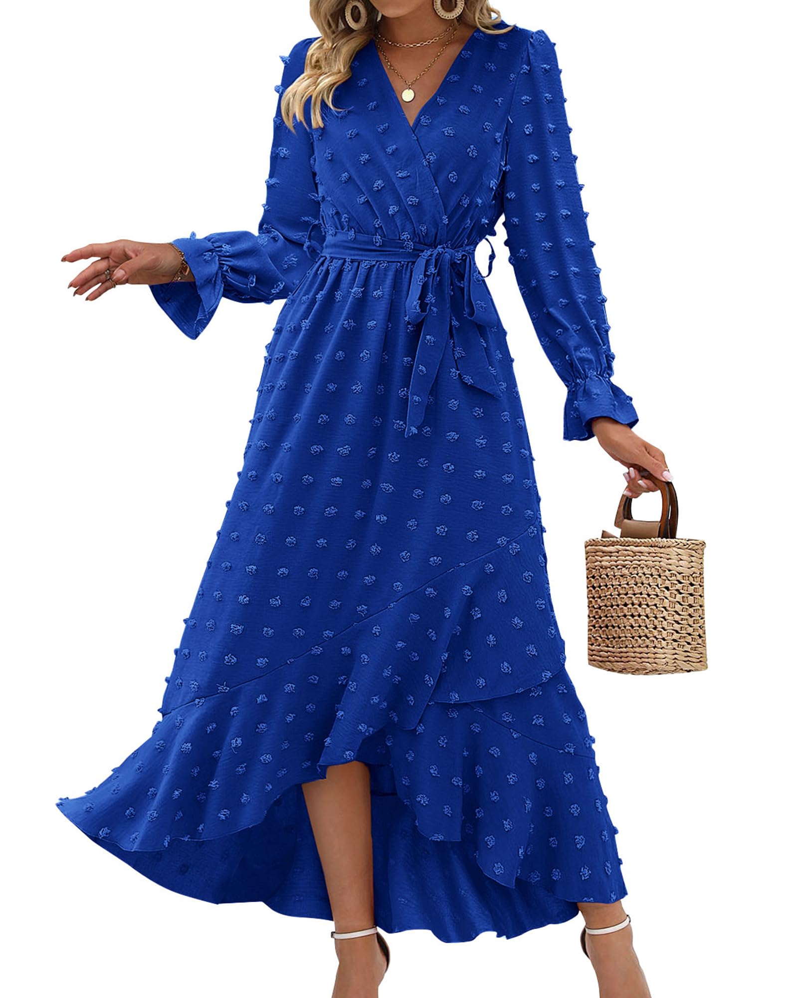 FreshPretty Long Sleeve Maxi Dresses for Women V Neck Swiss Dot Boho Flowy Slit Cocktail Wedding Guest Dress Fall Clothes