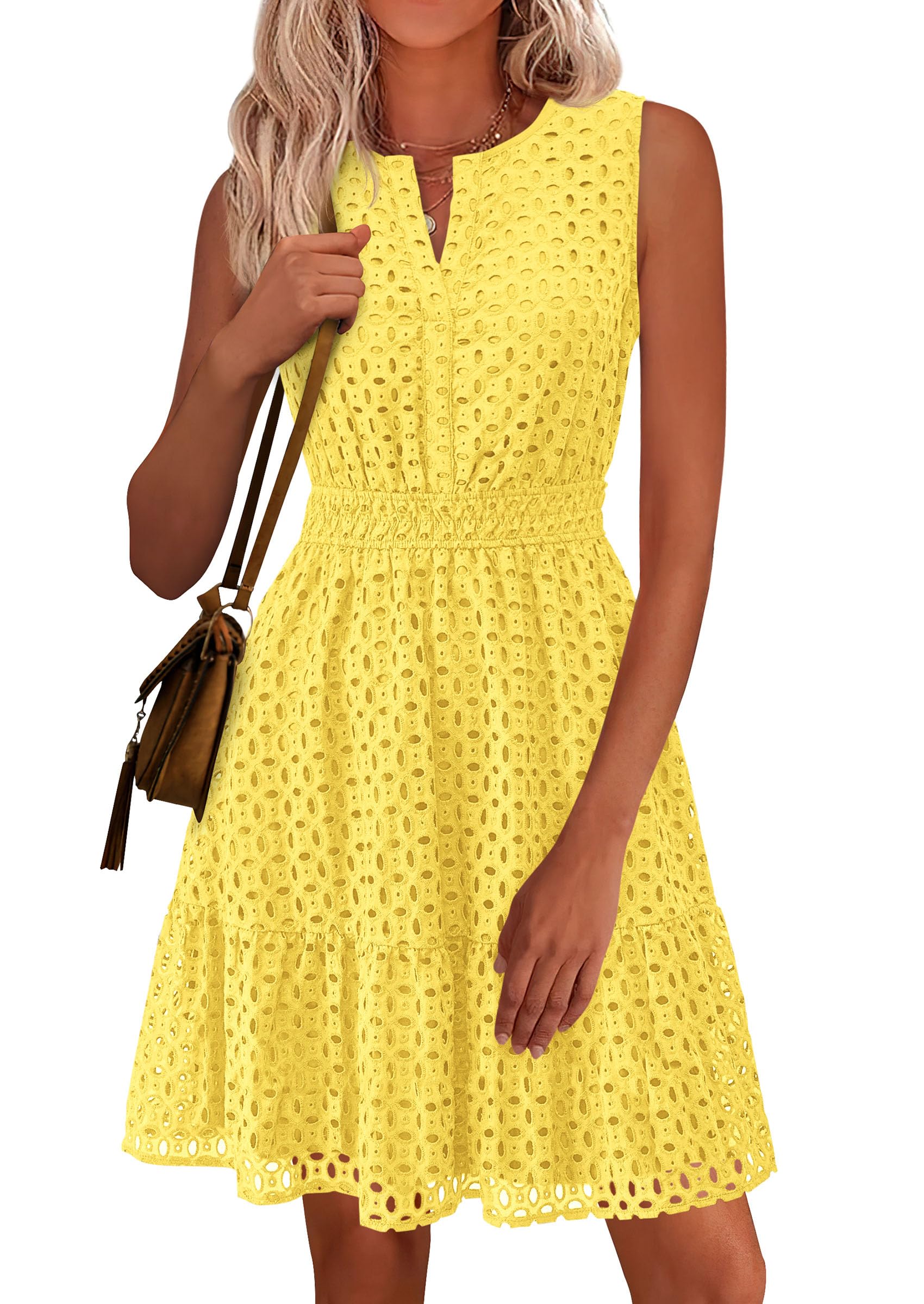 PRETTYGARDEN Women's Summer Dresses Sleeveless V Neck Eyelet Hollow Out Swing A Line Beach Vacation Sun Dress