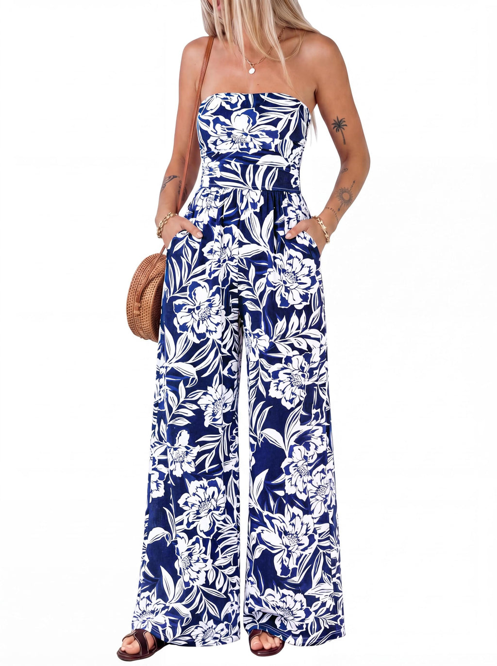 BTFBM Jumpsuits For Women Casual Floral Strapless Jumpsuit Wide Leg Rompers Beach Vacation Clothes Summer Outfits