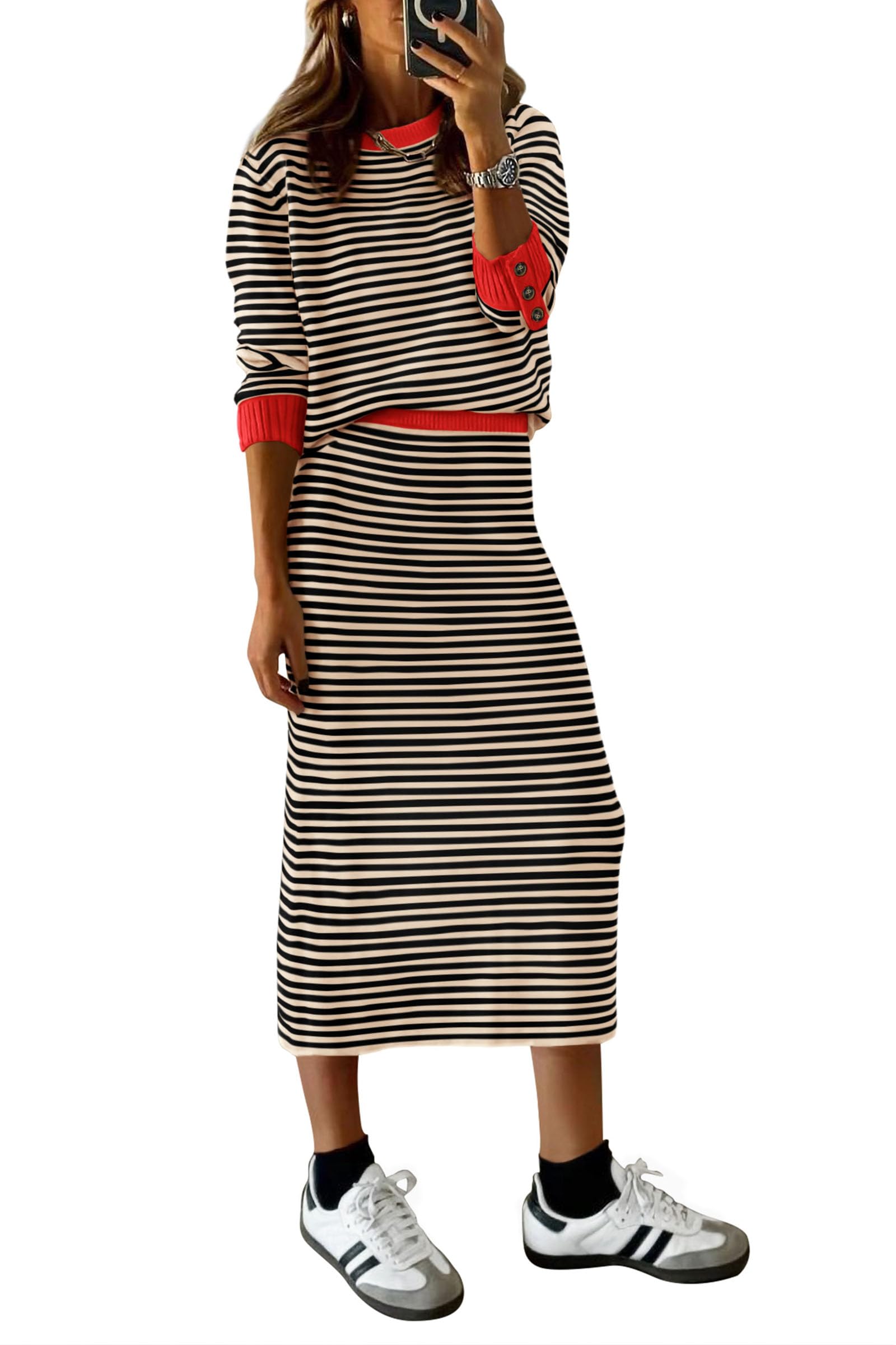 PRETTYGARDEN 2 Piece Skirts Sets For Women Fall Fashion Striped Sweater Dress Knit Lounge Travel Outfits Winter Clothing