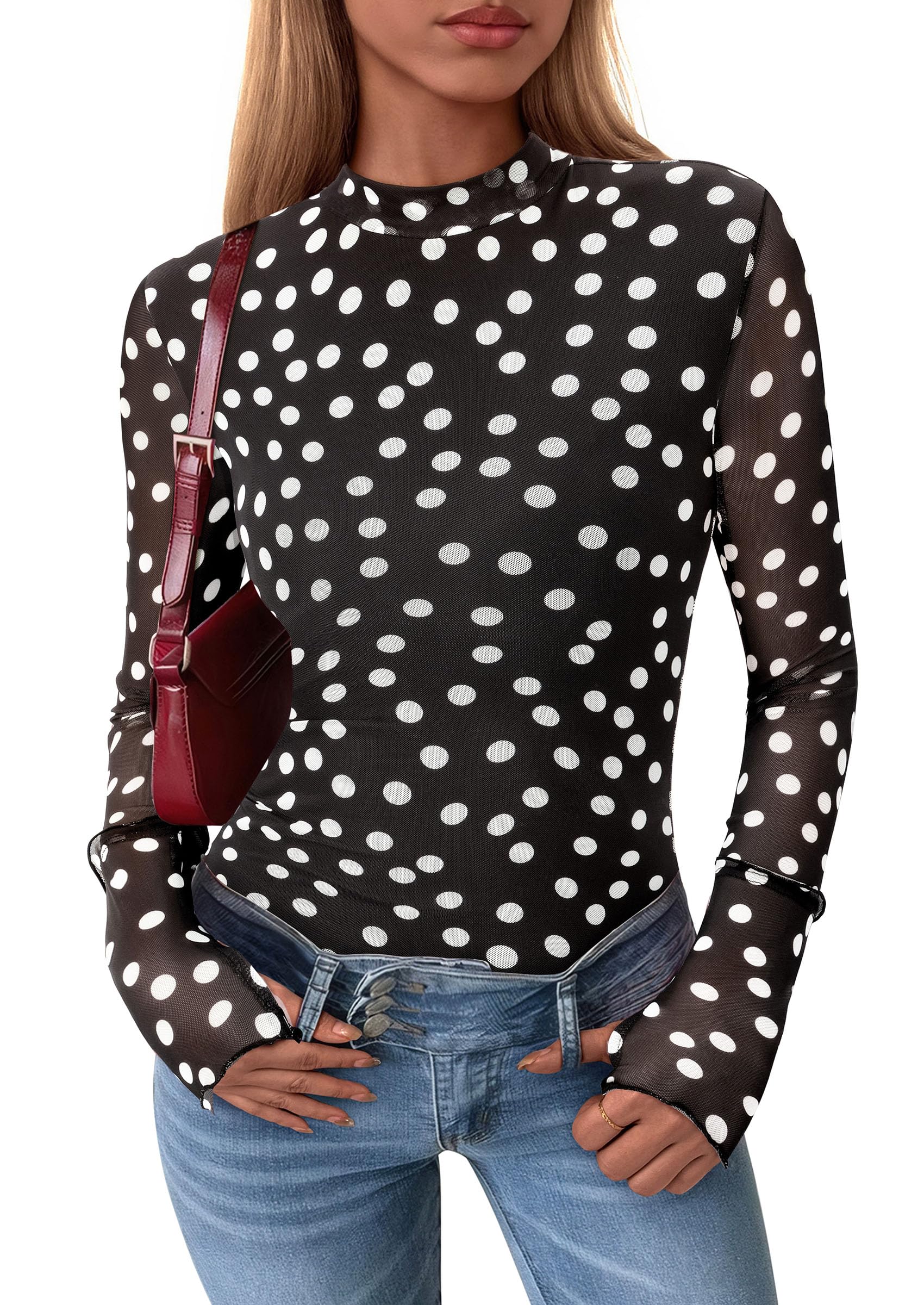 PRETTYGARDEN Womens Fall Mesh Floral Blouses Long Sleeve Going Out Tops Slim Fitted Shirts Date Night Outfits