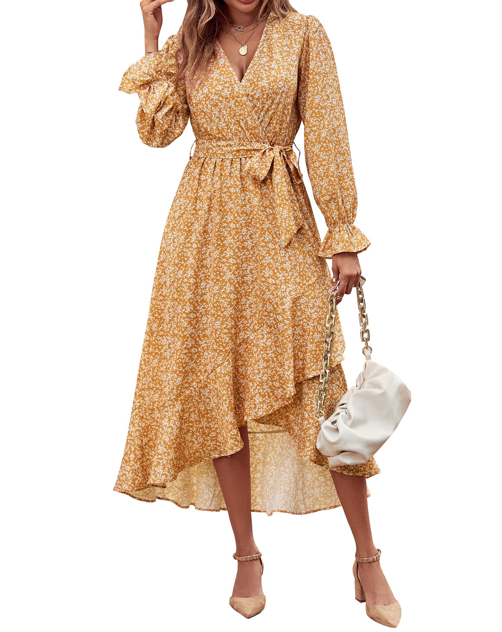 BTFBM Womens Dresses Summer V Neck Floral High Waist Ruffle Wedding Guest Cocktail Boho Spring Long Sleeve Dress