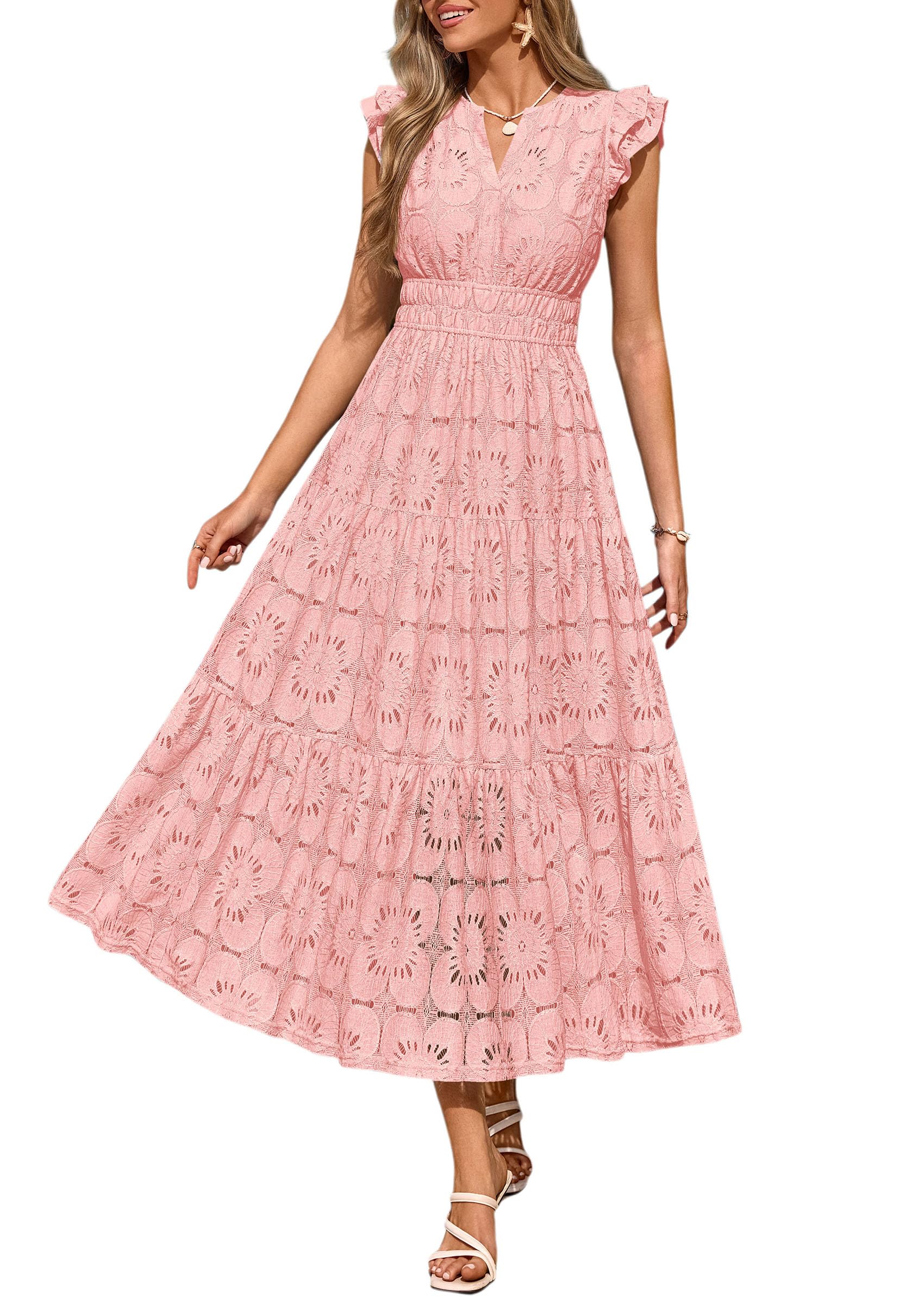 PRETTYGARDEN Womens Boho Maxi Dresses Summer Floral Lace Eyelet V Neck Spring Wedding Guest Dress Beach Vacation Clothes