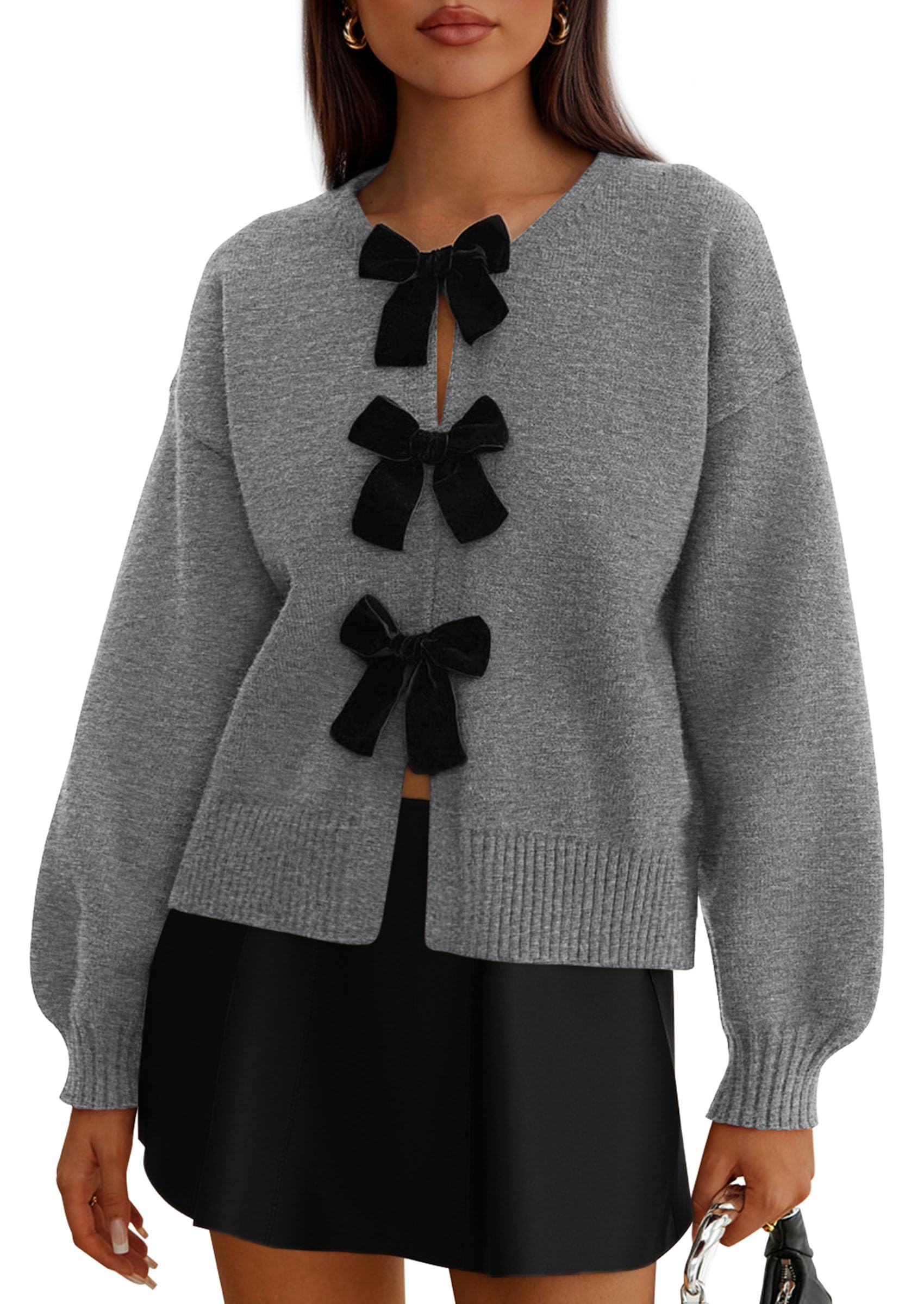 PRETTYGARDEN Cardigan Sweaters for Women Fall Fashion Bow Tie Front Long Sleeve Knit Sweater Tops Cute Winter Clothes