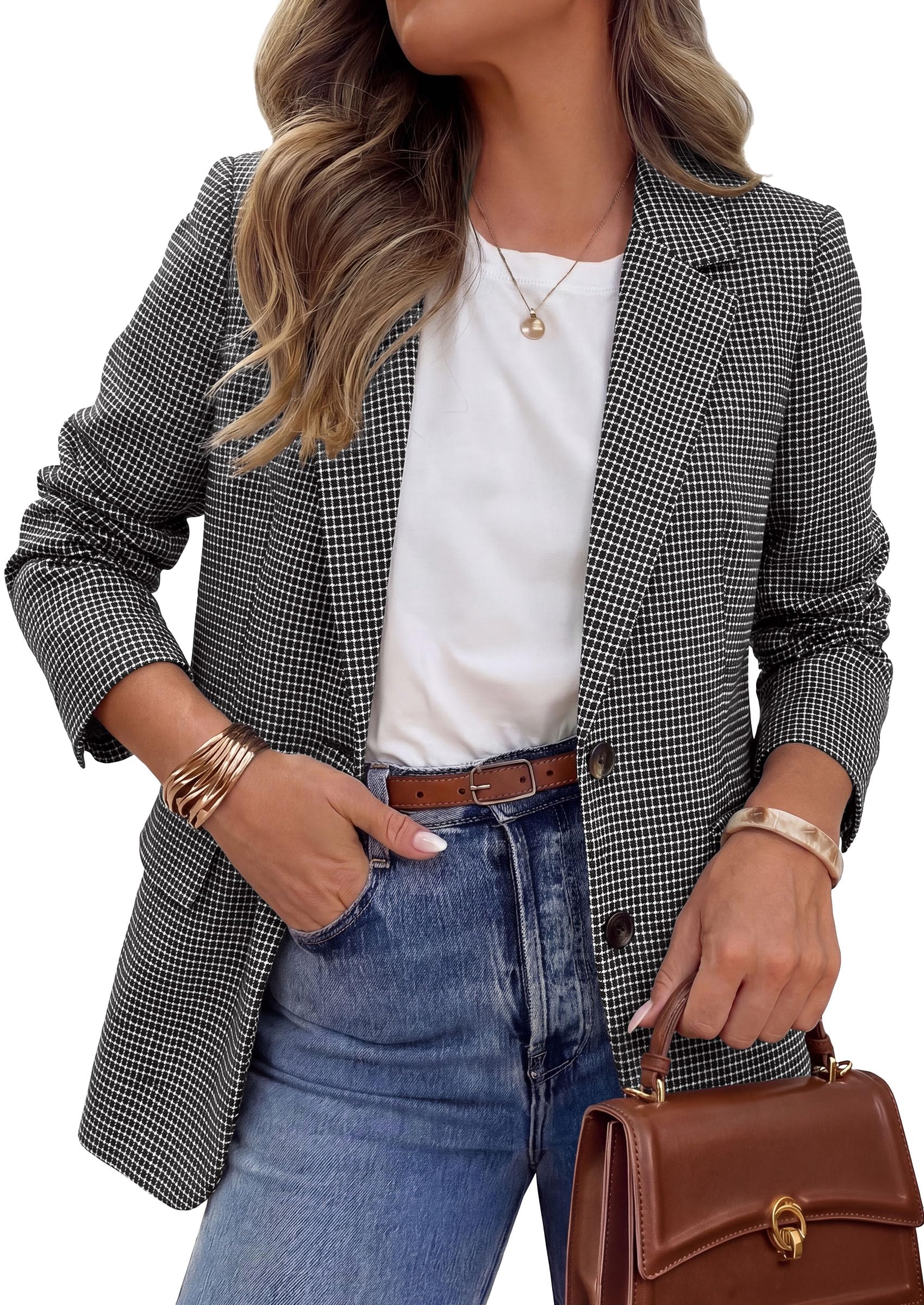 PRETTYGARDEN Fall Blazers for Women Business Casual | Long Sleeve Plaid Houndstooth, Notch Lapel Pockets, Oversized Blazer Outerwear, Trendy Suit Jackets, 2026 Winter Work Outfits