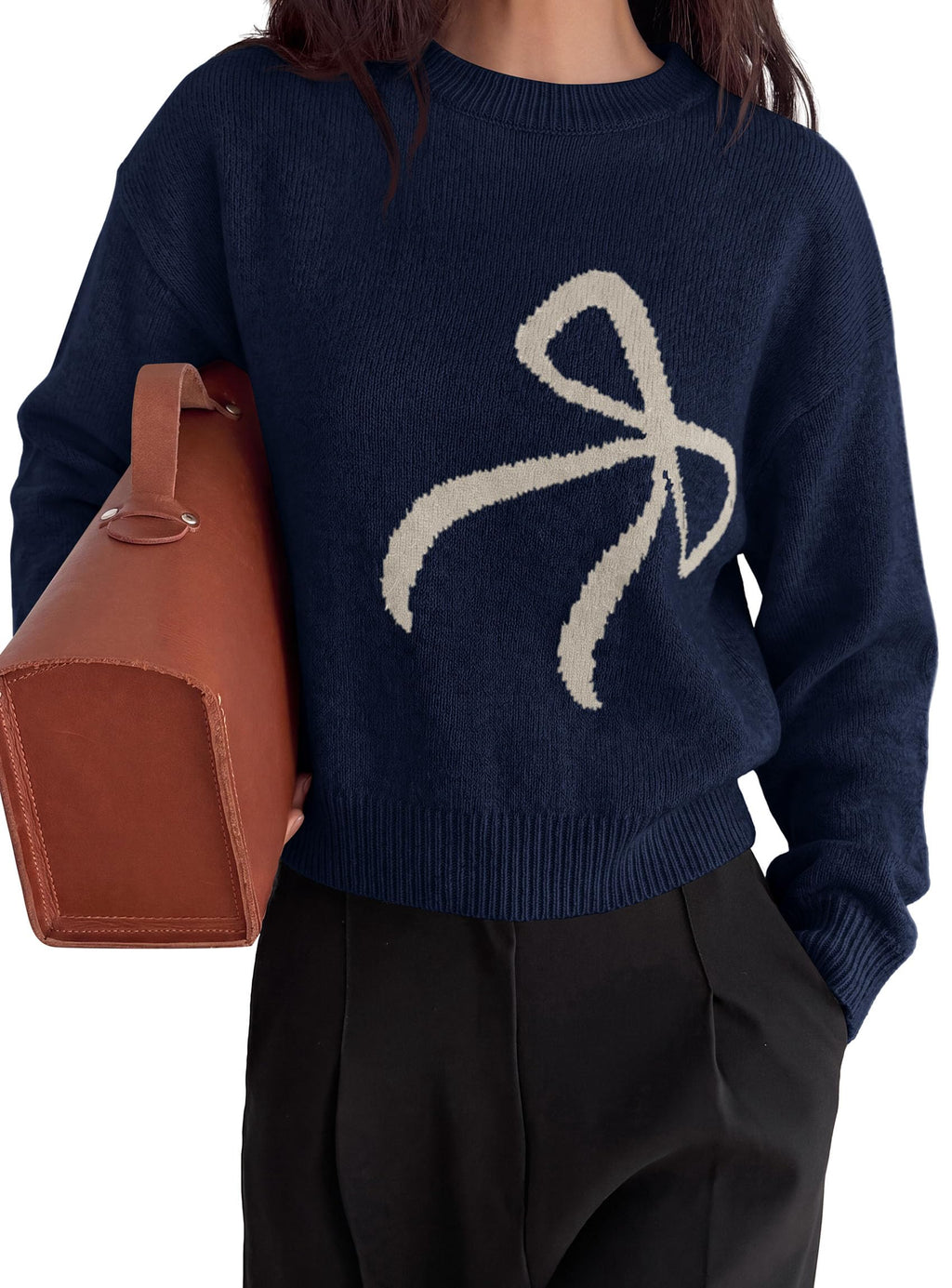 PRETTYGARDEN Womens Bow Sweater Cute Crewneck Long Sleeve Tops Fall Soft Cozy Knit Pullover,Relaxed Fit,Holiday Sweaters,Daily Wear,Work Office,Casual Going Out Y2k Tops,Winter Fashion Clothing