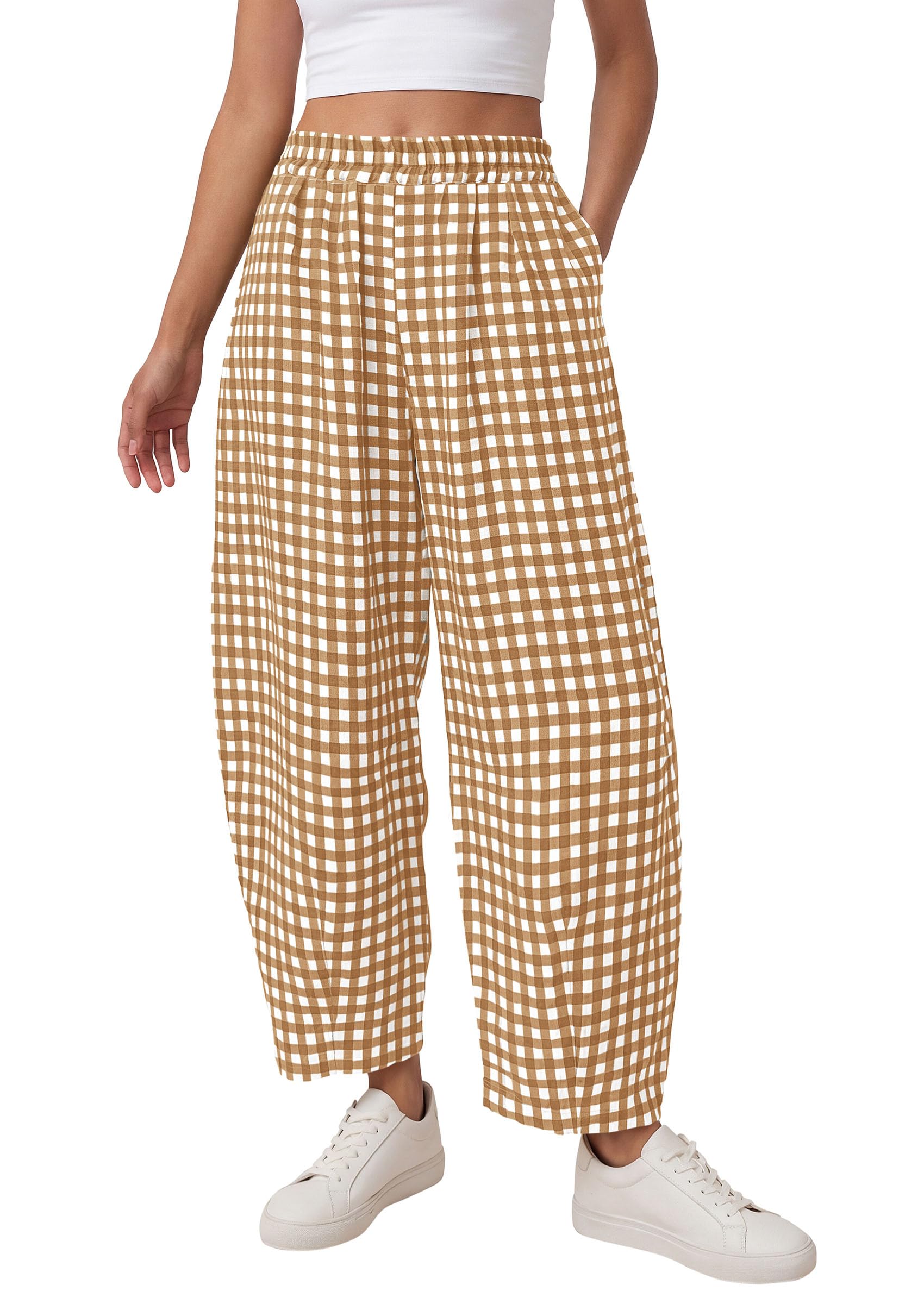PRETTYGARDEN Plaid Barrel Pants Women Summer Casual Loose Wide Leg Lounge Gingham Trousers Spring Fashion Beach Bottoms