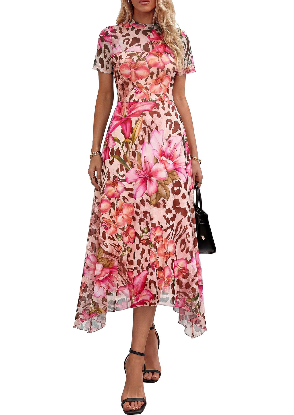 PRETTYGARDEN Cocktail Dresses for Women  Summer Short Sleeve Floral Mesh Sheer Midi Party Wedding Guest Dress