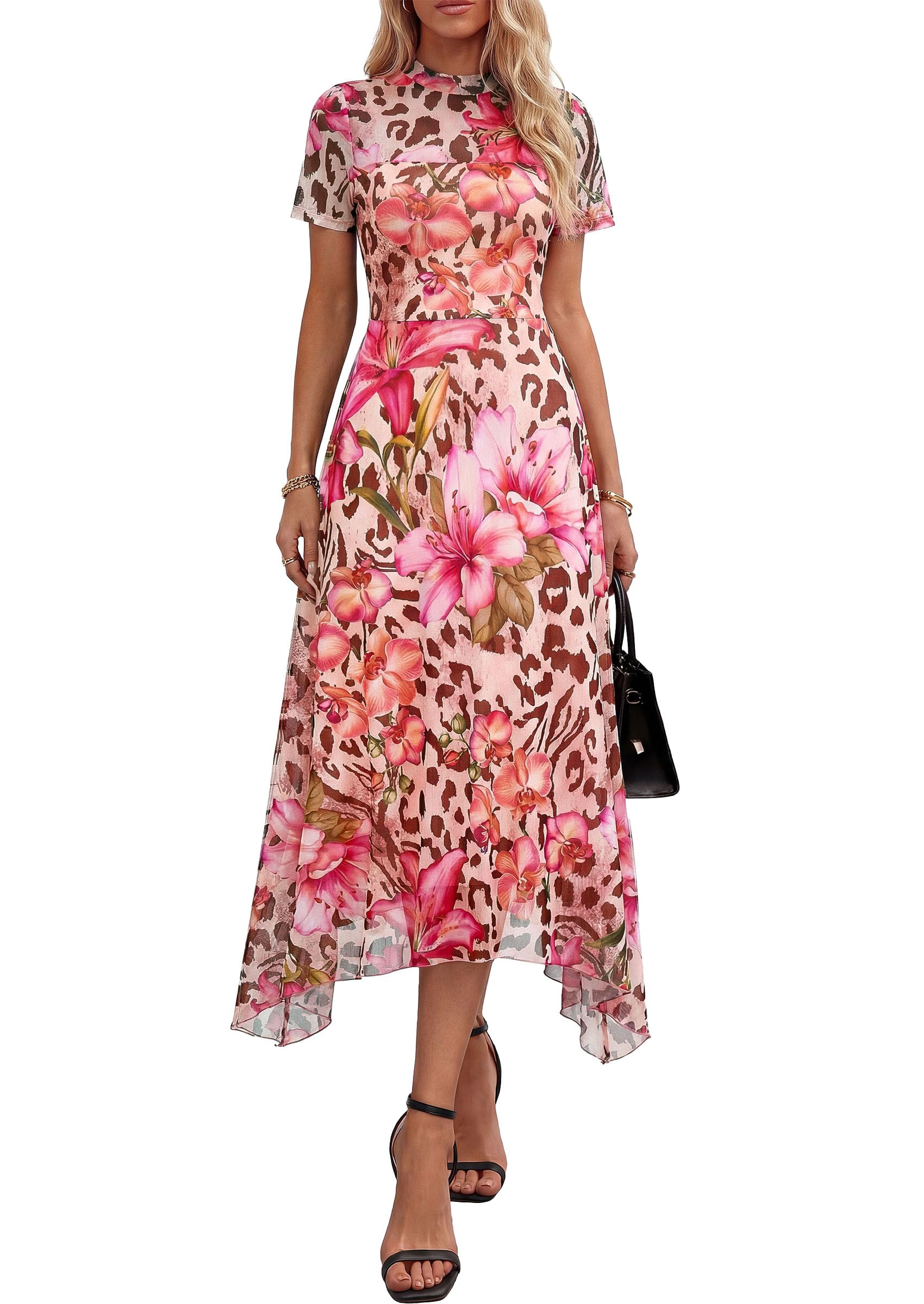 PRETTYGARDEN Cocktail Dresses for Women  Summer Short Sleeve Floral Mesh Sheer Midi Party Wedding Guest Dress