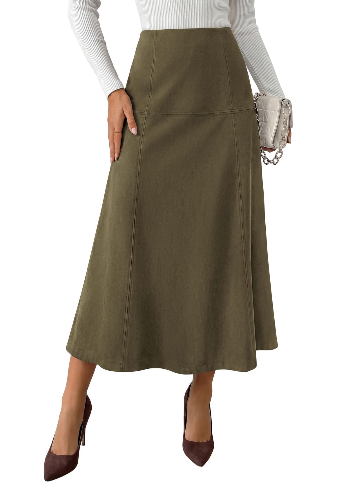 PRETTYGARDEN Womens High Waist Faux Suede A Line Midi Skirt | Hidden Stretch Elastic Waist, Front Back Panel Stitching, Vintage Elegant Mid-Calf Long Skirts for Fall Winter Office Daily