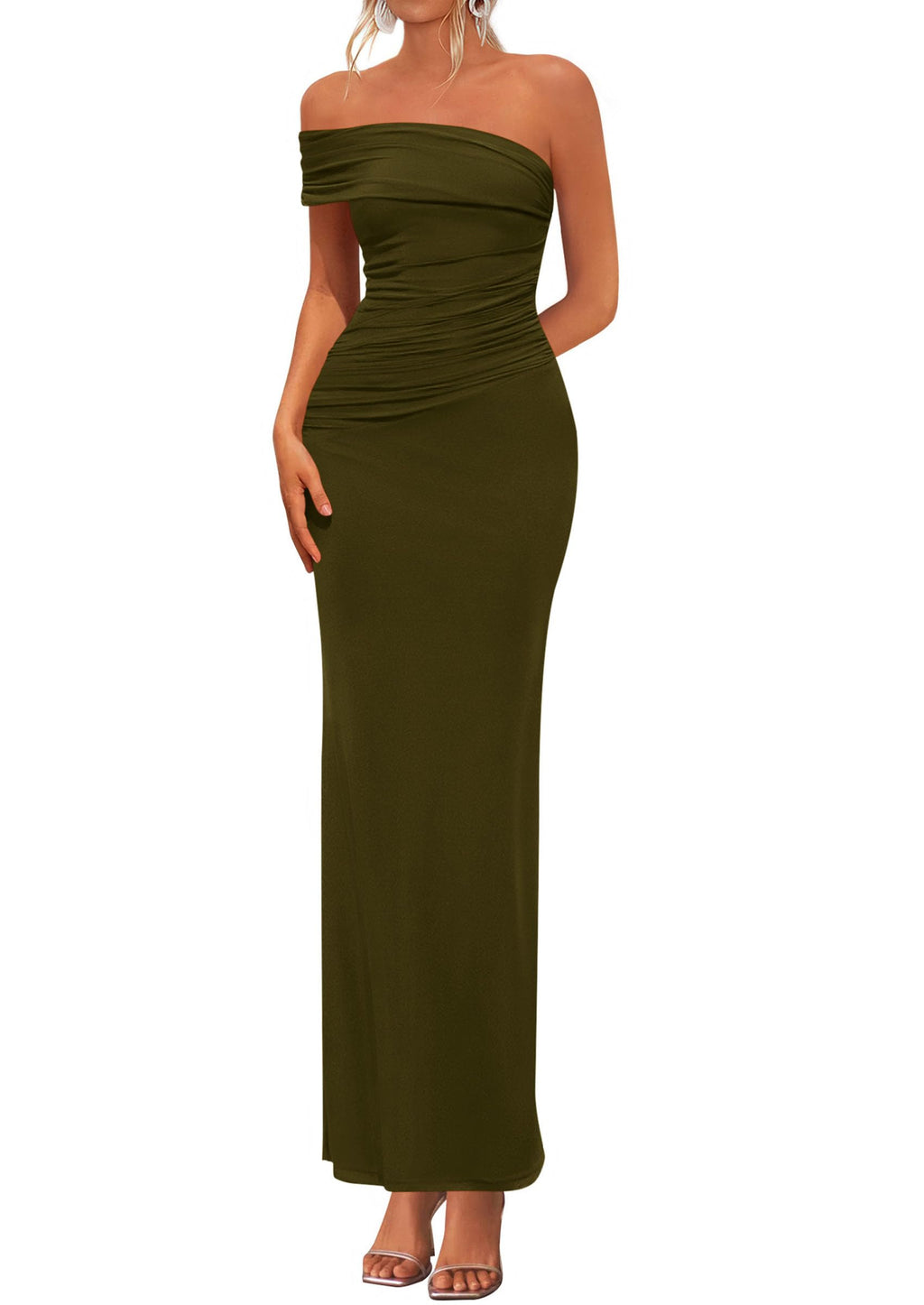 PRETTYGARDEN Women's Wedding Guest Cocktail Dresses One Off the Shoulder Ruched Bodycon Formal Maxi Party Summer Outfits