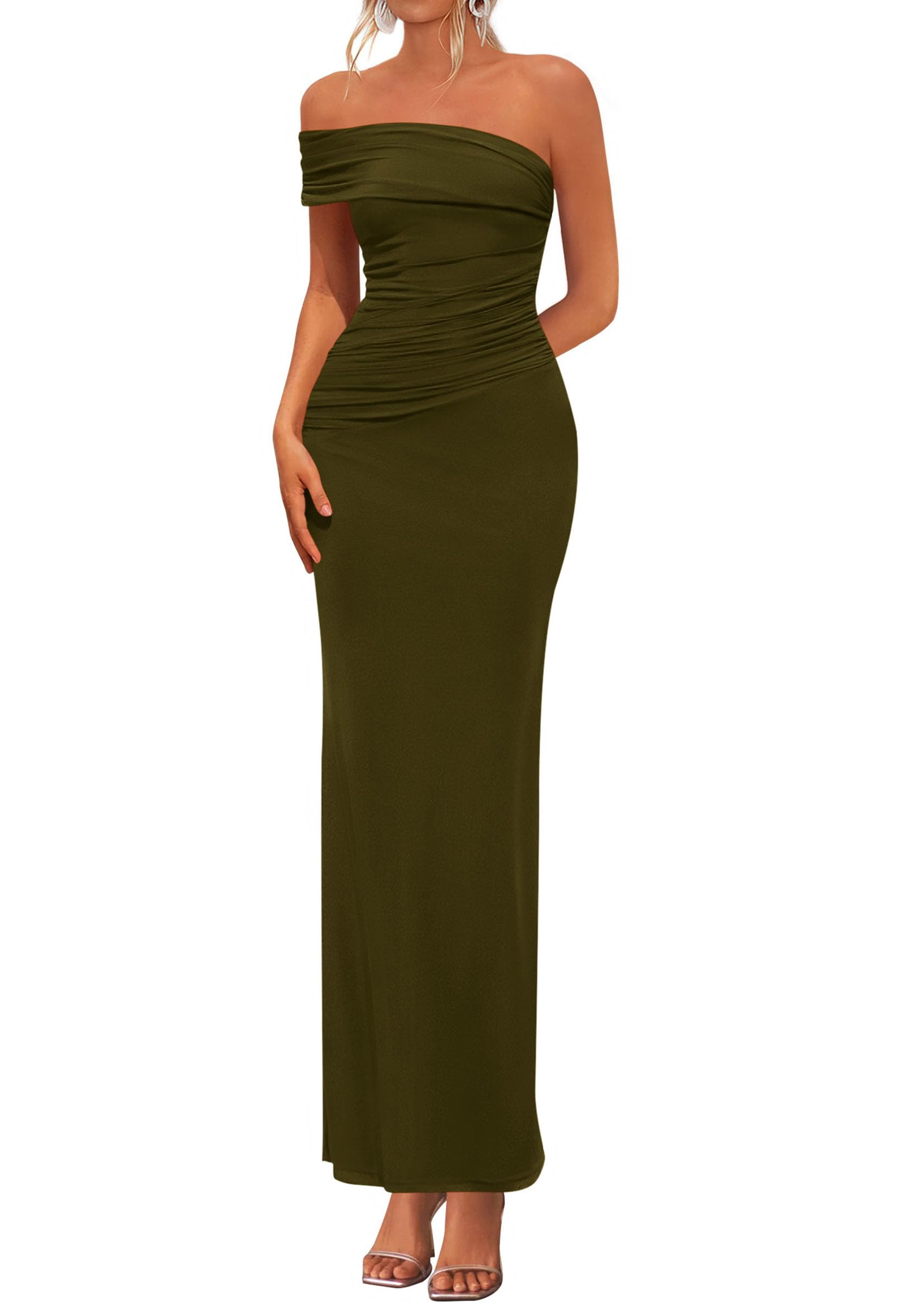 PRETTYGARDEN Women's Wedding Guest Cocktail Dresses One Off the Shoulder Ruched Bodycon Formal Maxi Party Summer Outfits