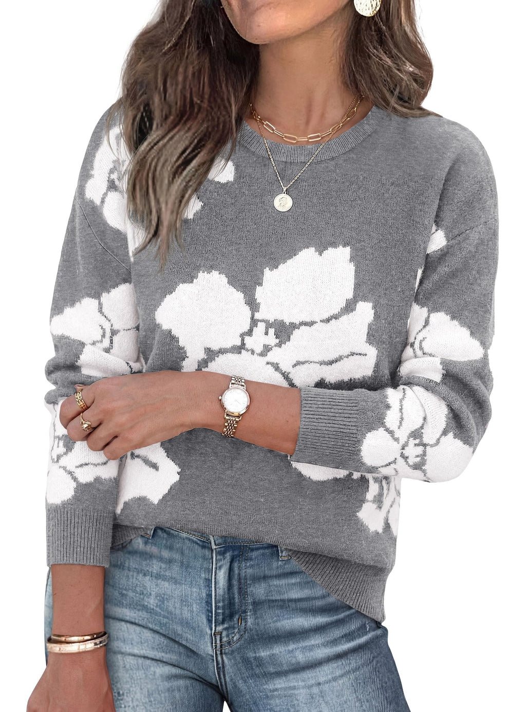 PRETTYGARDEN Womens Floral Sweater Crewneck Printed Pullover Tops,Soft Slouchy Knit Sweater,Casual Long Sleeve,Fall Fashion,Cute Winter Clothes,Work Office Travel Vacation Outfits