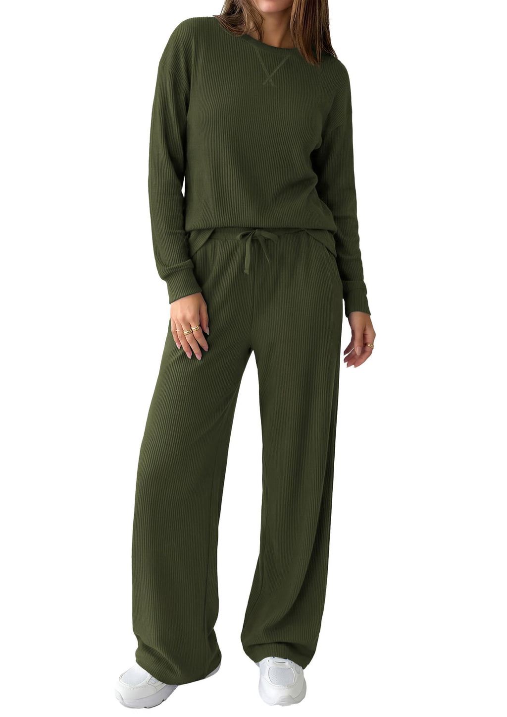 PRETTYGARDEN Sweatsuits Women 2 Piece Airport Travel Outfits | Ribbed Knit Lounge Sets, Casual Athleisure Wear, Matching Long Sleeve Shirts & Wide Leg Pants Pockets, Fall Winter Clothes