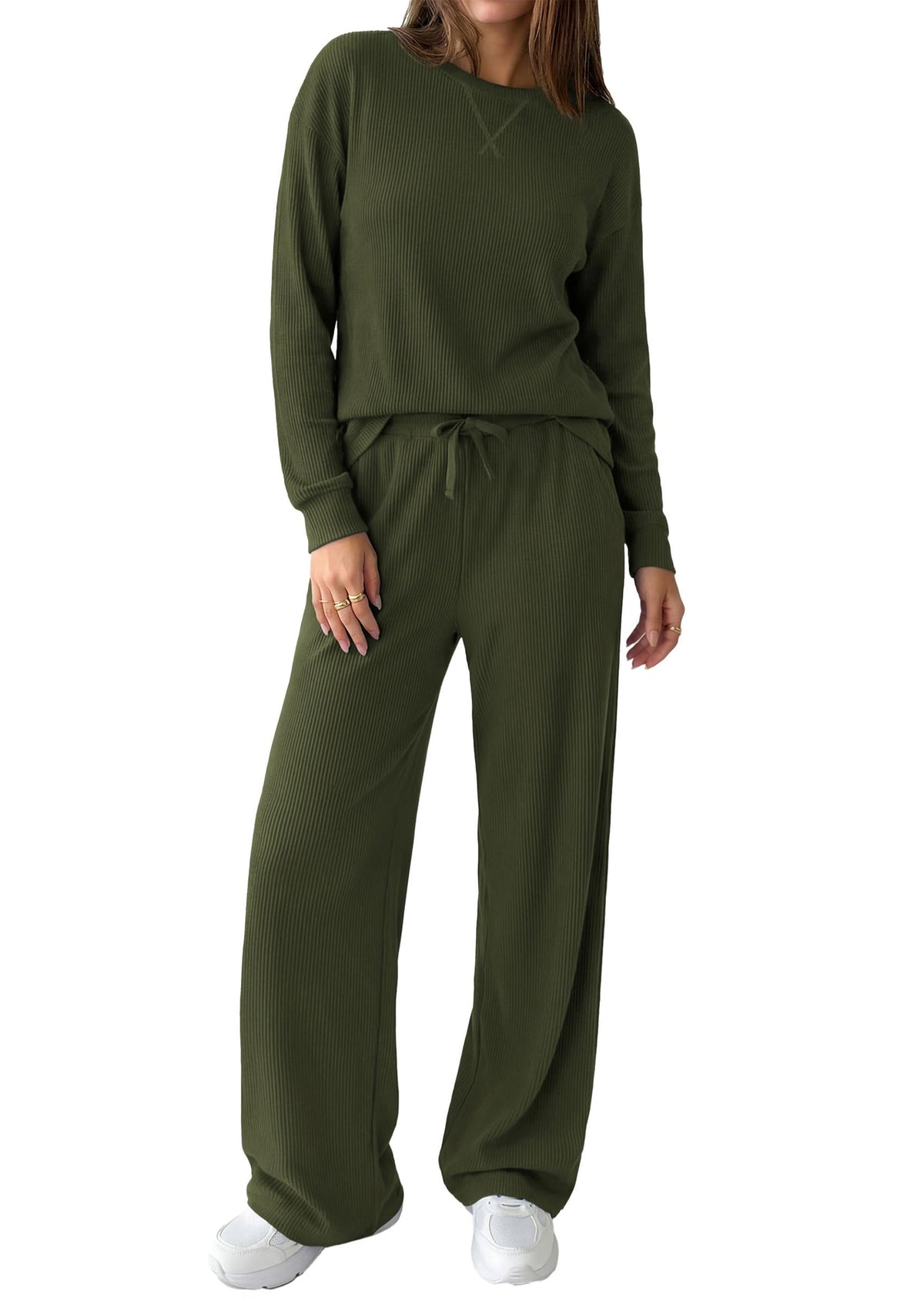 PRETTYGARDEN Sweatsuits Women 2 Piece Airport Travel Outfits | Ribbed Knit Lounge Sets, Casual Athleisure Wear, Matching Long Sleeve Shirts & Wide Leg Pants Pockets, Fall Winter Clothes