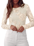 PRETTYGARDEN Women's Mesh Long Sleeve Embroidered Floral Tops Fall Blouses，Slim Fitted, 3D Flower, Double Lined, Dressy Casual Spring Shirts, Going Out Holiday Party Outfits, Trendy Travel Clothes