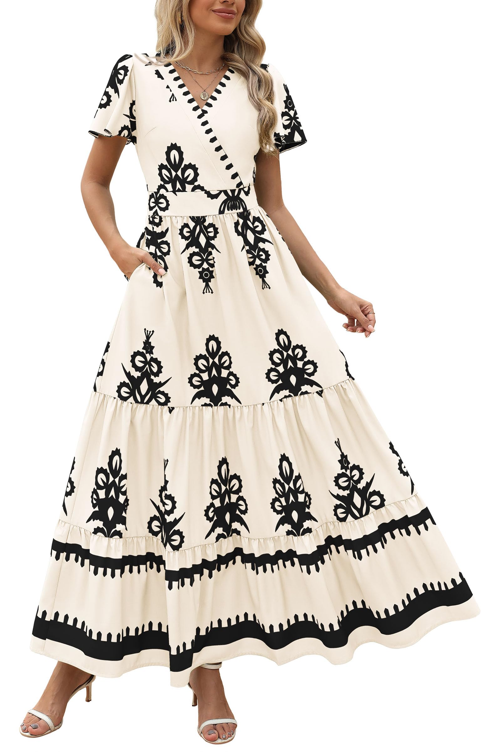 PRETTYGARDEN Womens Summer Casual V Neck Boho Maxi Dress Flowy Aline Bell Sleeve Tiered Floral Dresses with Pocket
