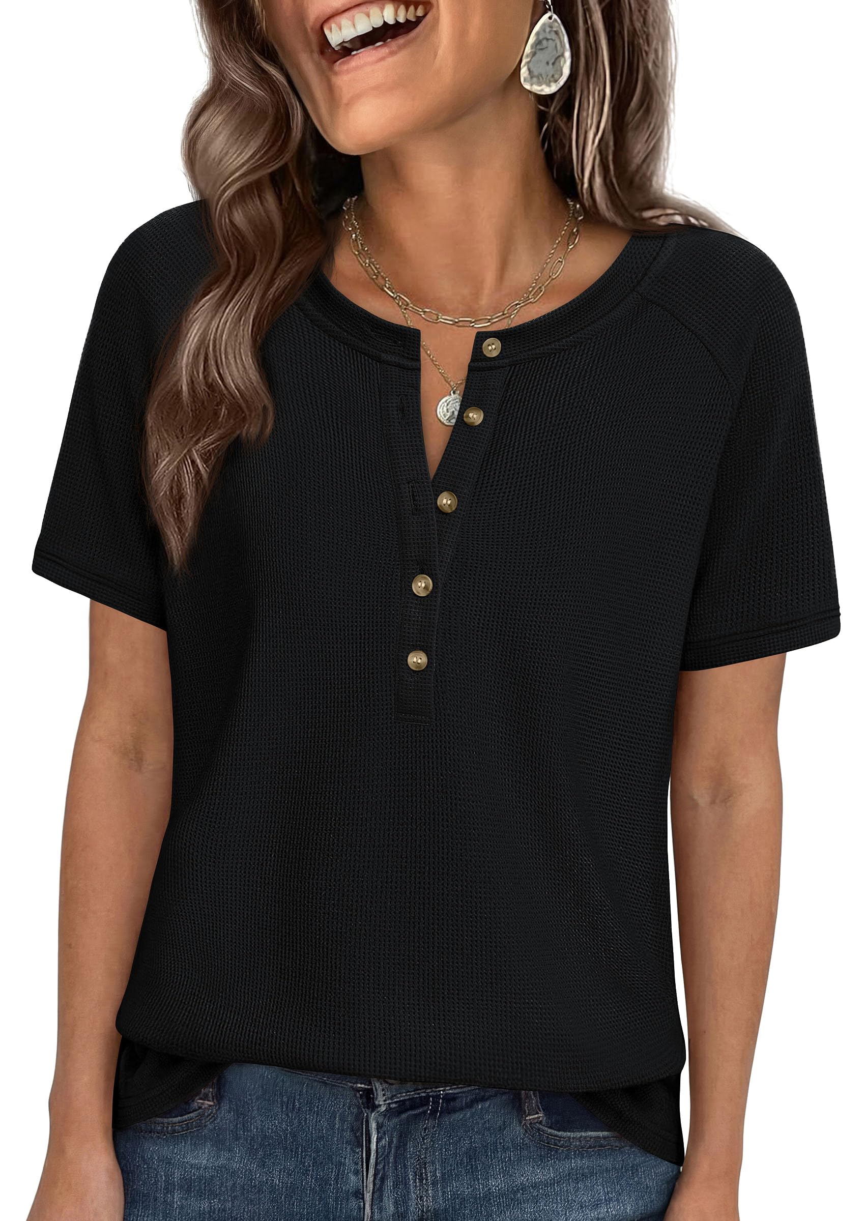 PRETTYGARDEN Waffle Knit Tops for Women Short Sleeve Henley Shirts  Summer Blouses Dressy Casual Spring Fashion Clothes