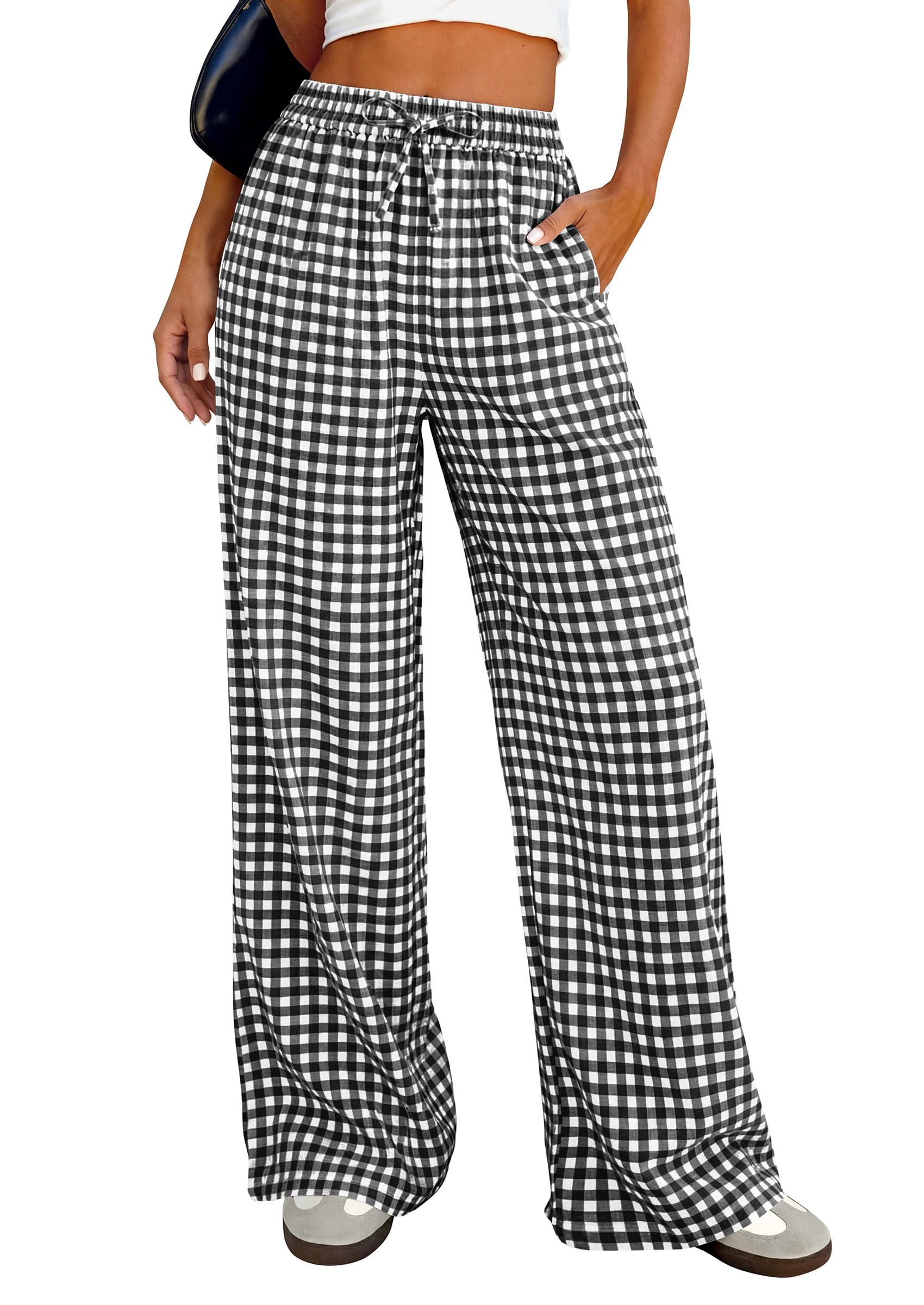 PRETTYGARDEN Women's Wide Leg Gingham Lounge Pants Summer  Casual Plaid Trousers Spring Y2K Clothes Comfy Pajama Bottoms