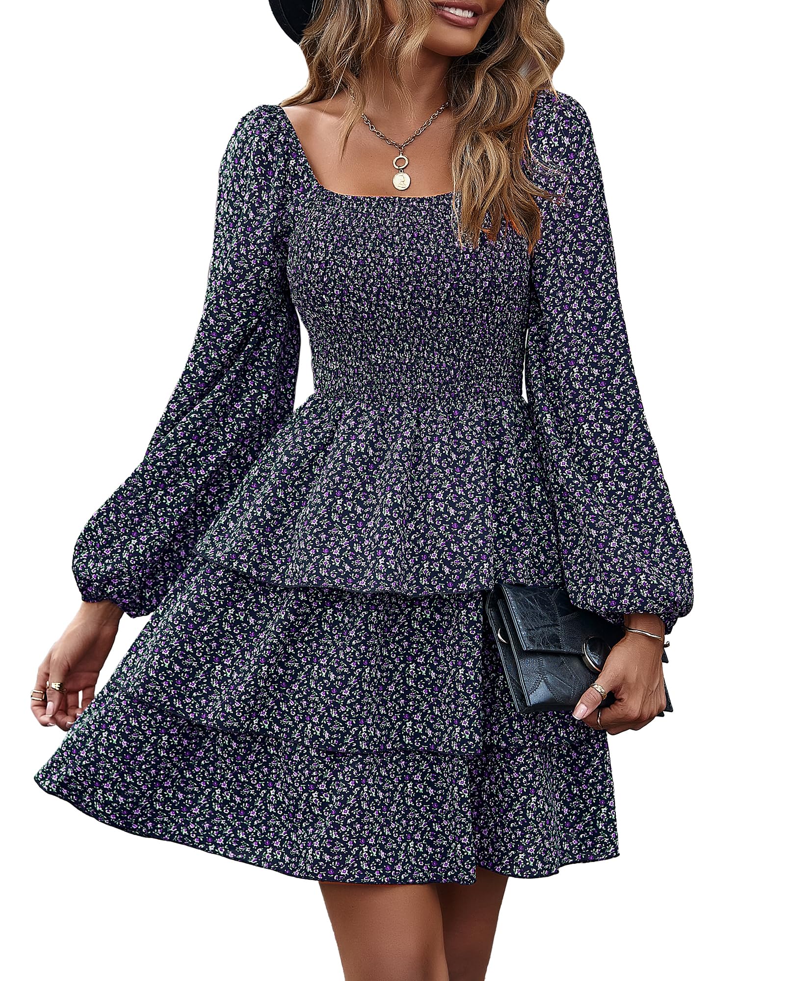 FreshPrettyWomen Square Neck Smocked Dresses Summer Spring Long Sleeve Floral Swiss Dot Mini Boho Wedding Guest Dress