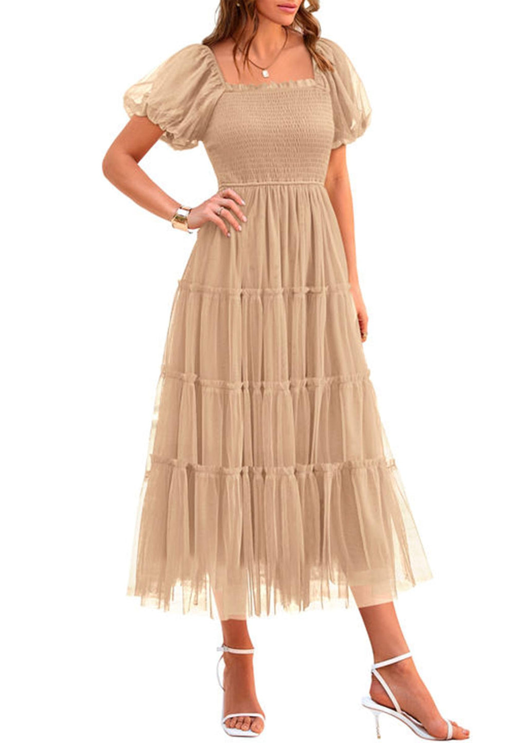 PRETTYGARDEN Women's Smocked Midi Tulle Dress  Summer Puffy Short Sleeve Square Neck Ruffle Wedding Guest Party Dresses