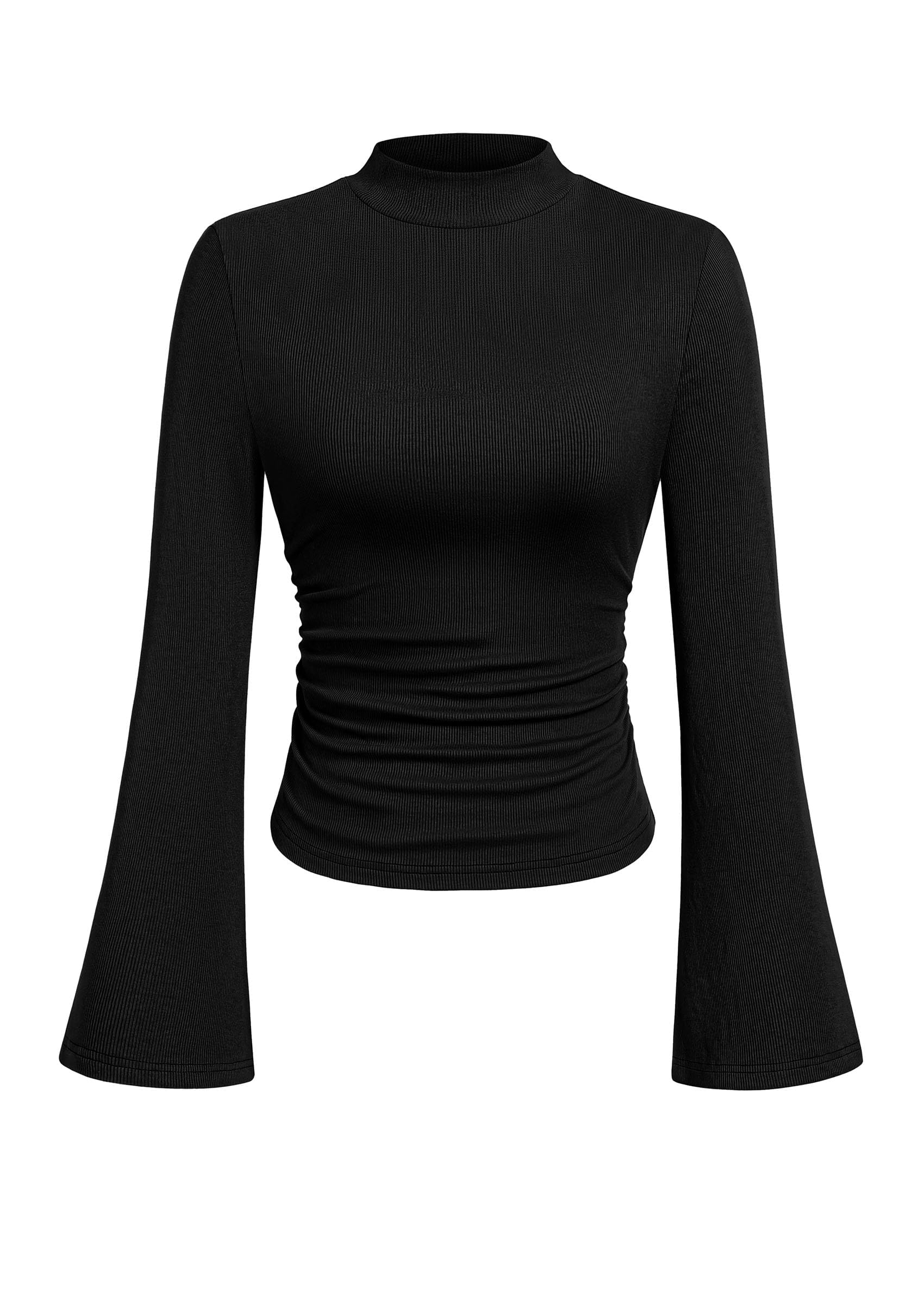 PRETTYGARDEN Womens Long Bell Sleeve Mock Neck Ribbed Tops