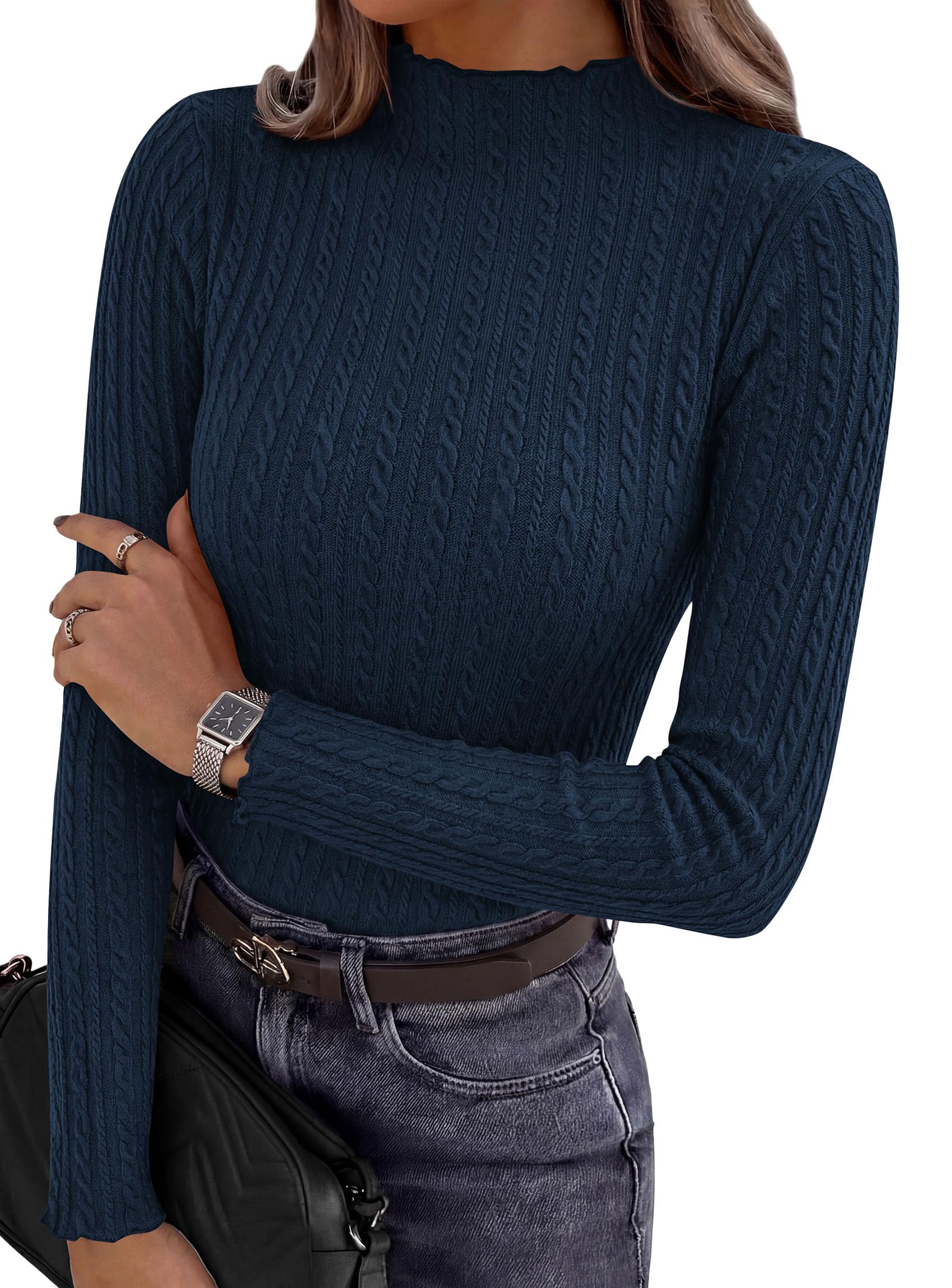 PRETTYGARDEN Women's Fall Long Sleeve Fitted Shirts | Comfy Stretchy Cable Knit, Trendy Lettuce Trim Mock Neck, Casual Basic Tees, Cute Layering Tops, 2026 Fashion Clothing