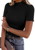PRETTYGARDEN Short Sleeve T Shirts for Women Summer Clothes  Casual Spring Tops Ruffle Mock Neck Ribbed Fitted Basic Tees