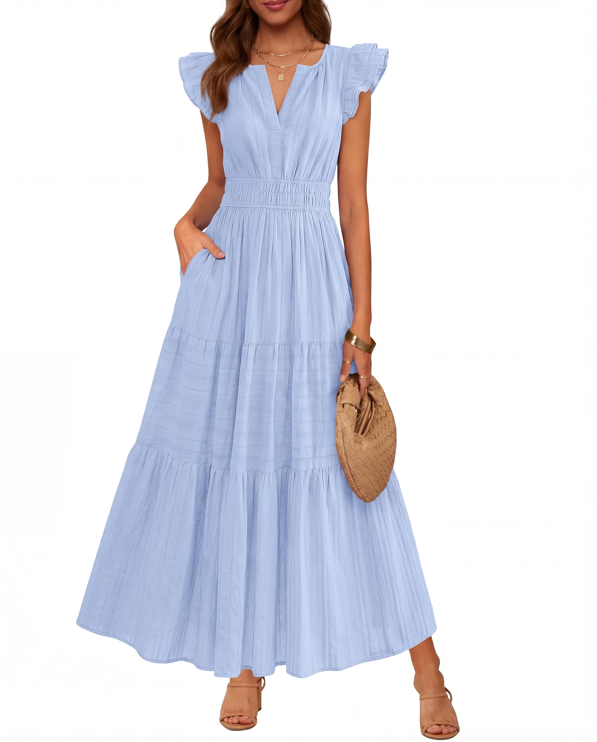 BTFBM Womens Summer Maxi Dress  Spring Boho Vacation Ruffle Flutter Short Sleeve A Line Tiered Flowy Dresses Pockets