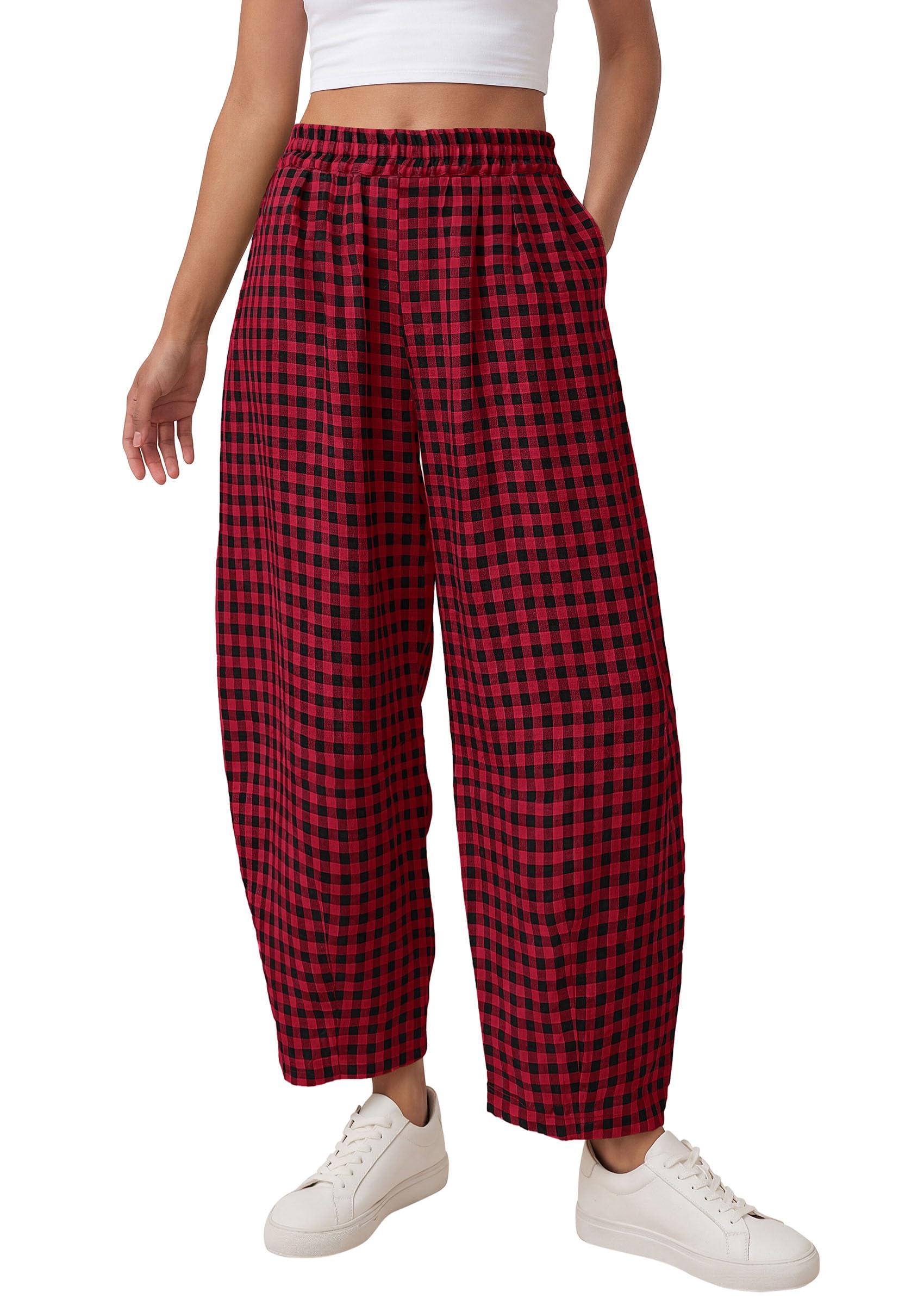 PRETTYGARDEN Plaid Barrel Pants Women Summer Casual Loose Wide Leg Lounge Gingham Trousers Spring Fashion Beach Bottoms