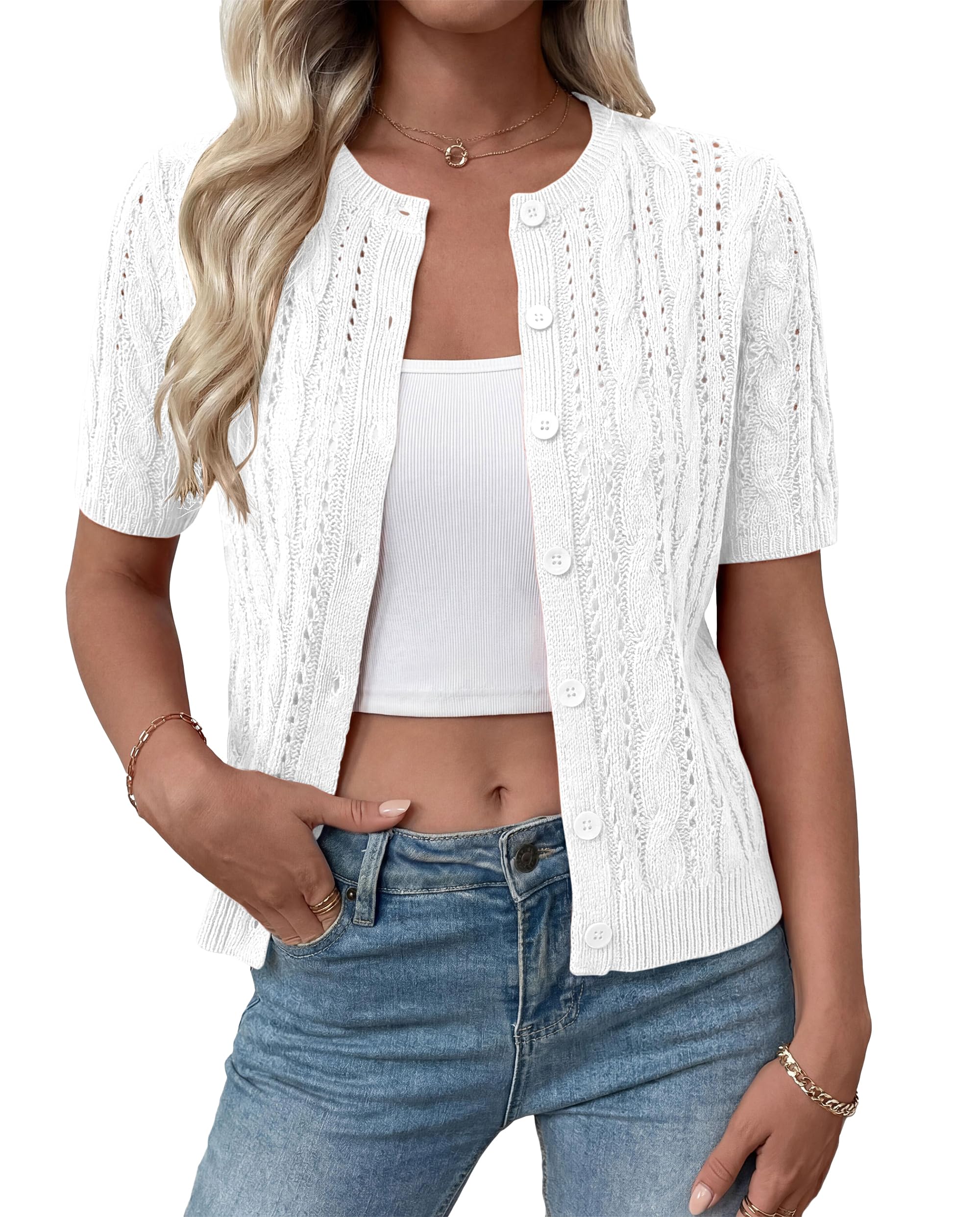 FreshPretty  Women Summer Cable Knit Crochet Cardigan Sweaters Casual Button Short Sleeve Sweater Cute Beach Hollow Out Knit Top