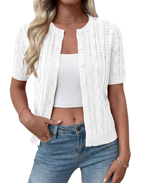 FreshPretty  Women Summer Cable Knit Crochet Cardigan Sweaters Casual Button Short Sleeve Sweater Cute Beach Hollow Out Knit Top