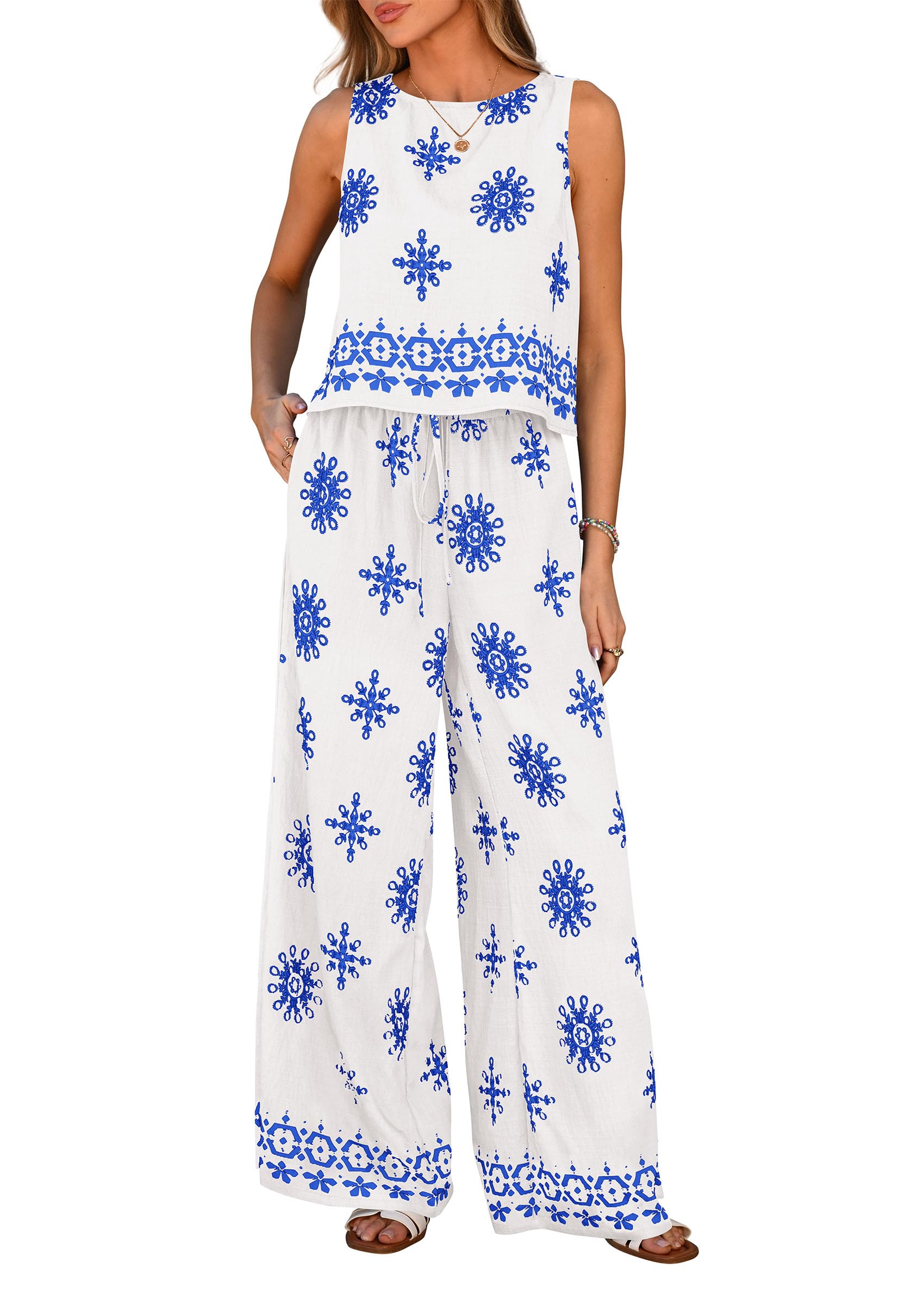 PRETTYGARDEN Women's Summer 2 Piece Lounge Sets Boho Floral Tank Tops Flowy Wide Leg Pants Travel Beach Vacation Outfits