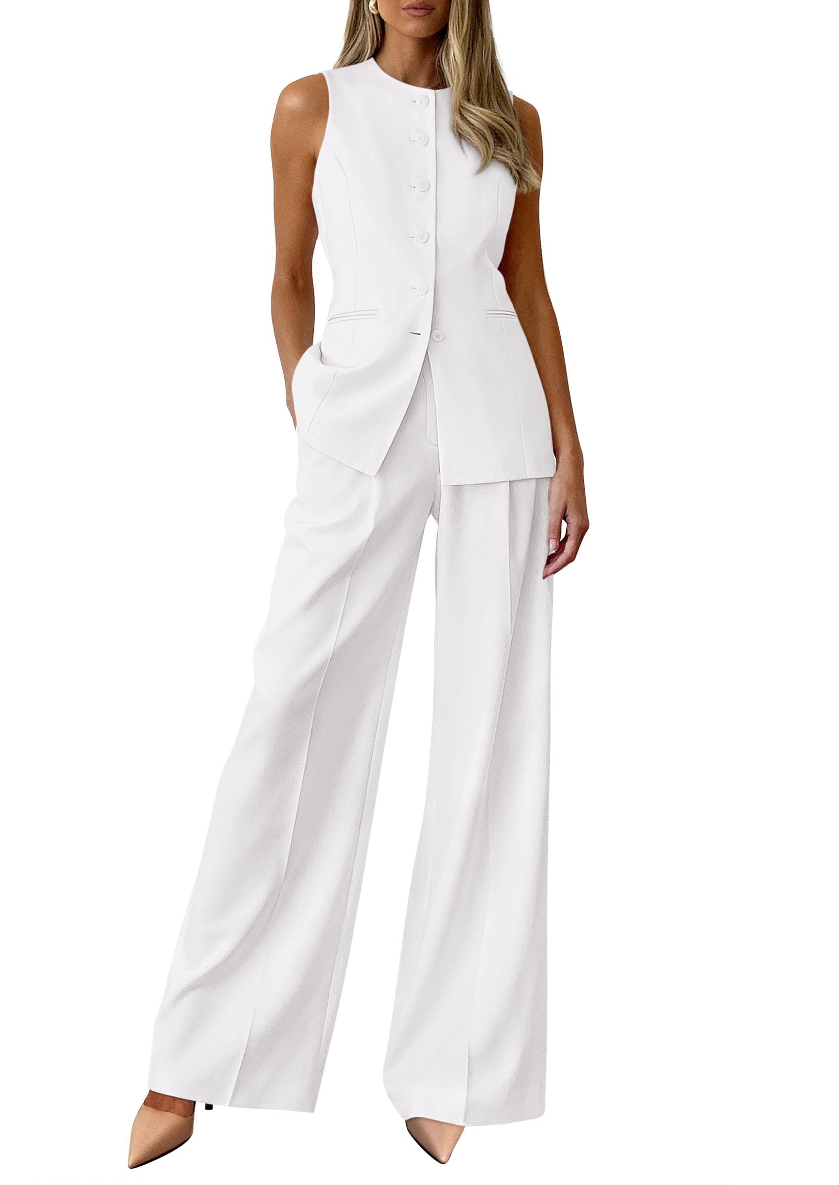 PRETTYGARDEN Women's 2 Piece Sets Summer  Work Clothes Sleeveless Blazer Vest Pants Suits Spring Business Casual Outfits