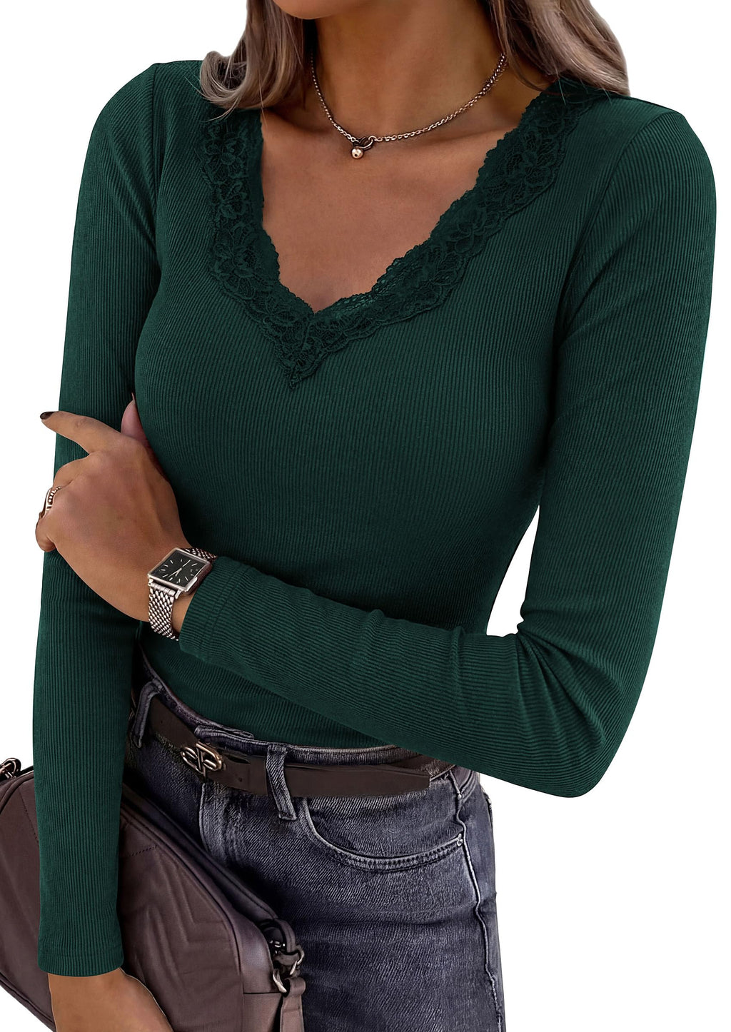 PRETTYGARDEN Women's Lace V Neck Long Sleeve Fitted T Shirts | Going Out Tops, Basic Tees, Soft Stretchy Ribbed Knit Underscrub, Casual Blouses, Y2K Fall Outfits, Layering Winter Clothing