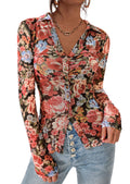 PRETTYGARDEN Women Button Down Floral Shirts Fall Trendy Long Sleeve V Neck Mesh Boho Blouse Spring Tops Date Outfits