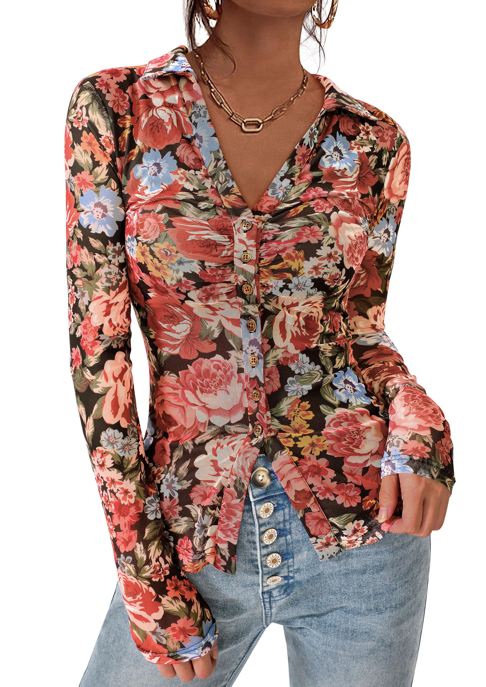 PRETTYGARDEN Women Button Down Floral Shirts Fall Trendy Long Sleeve V Neck Mesh Boho Blouse Spring Tops Date Outfits