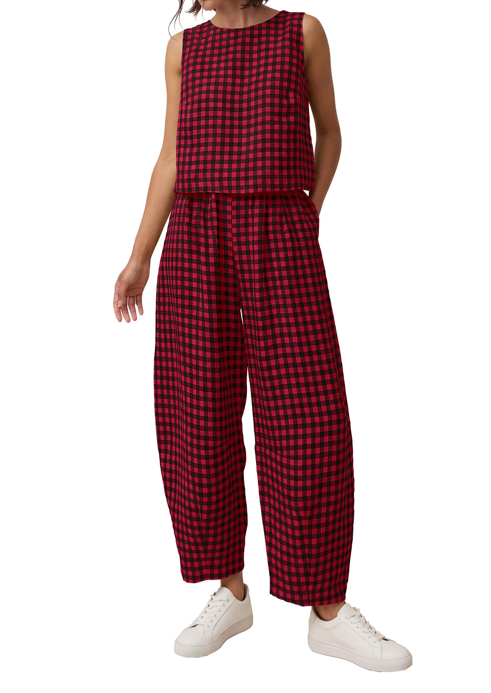 PRETTYGARDEN Womens 2 Piece Sets Summer Plaid Sleeveless Tops Wide Leg Pants Matching Lounge Set Beach Vacation Outfits
