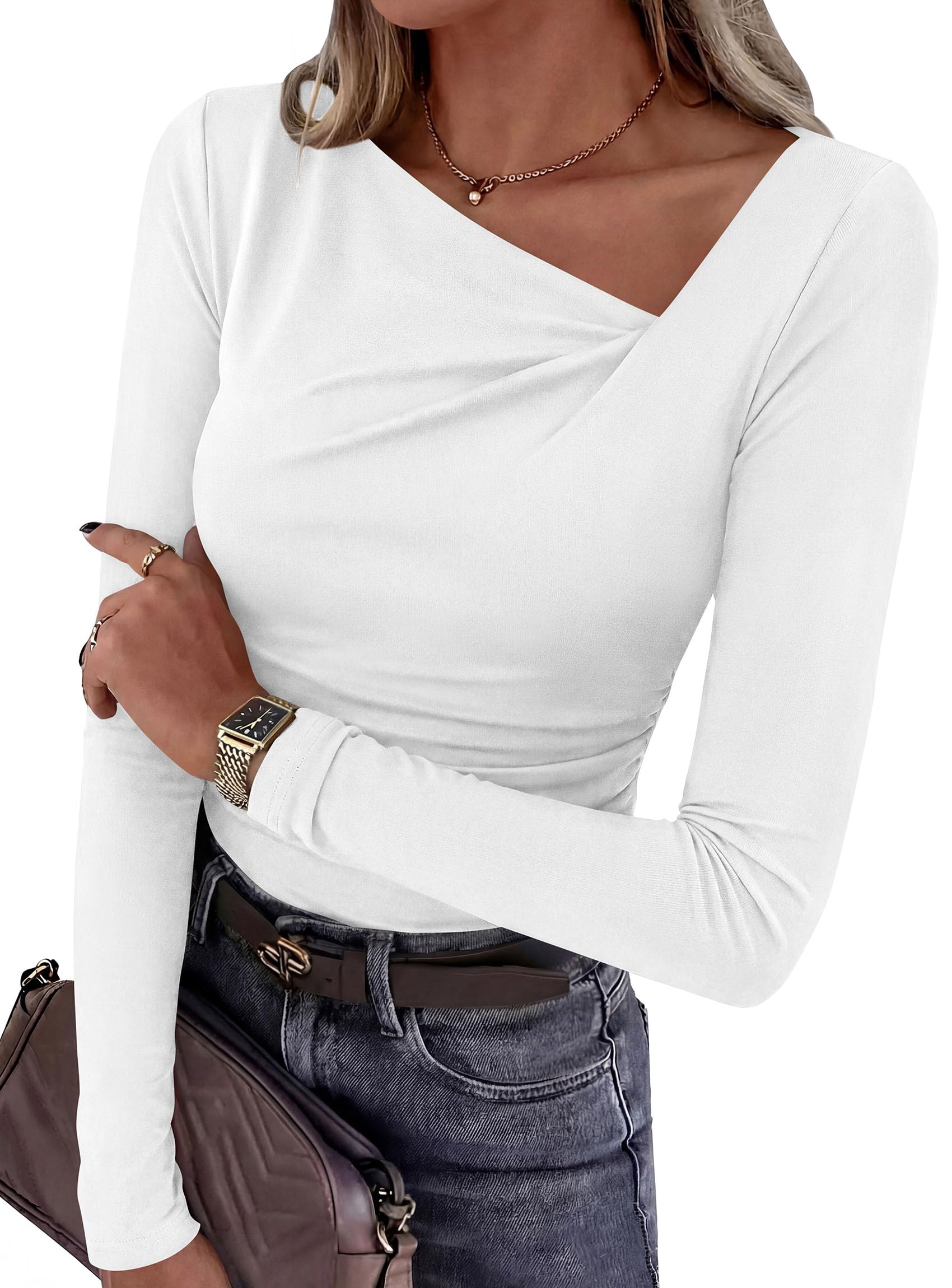 PRETTYGARDEN Women's  Long Sleeve T Shirts Asymmetrical Y2K Slim Fitted Going Out Trendy Tops Early Fall Fashion Clothing