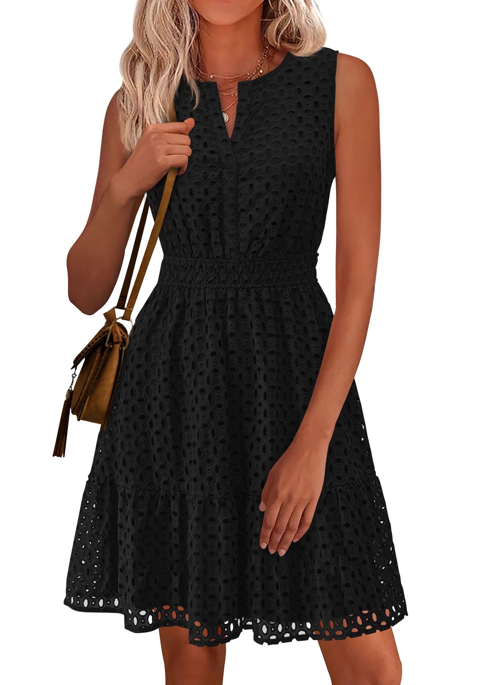 PRETTYGARDEN Women's Summer Dresses Sleeveless V Neck Eyelet Hollow Out Swing A Line Beach Vacation Sun Dress