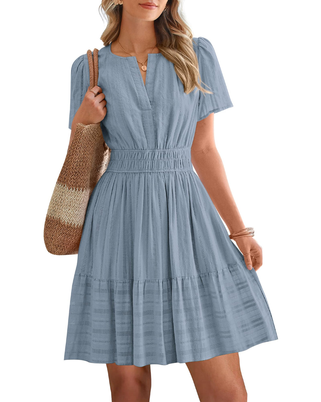 BTFBM Womens Spring  Casual Mini Dresses Lightweight Short Sleeve V Neck Elastic Waist Cute Boho Beach Dress Pockets