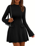 PRETTYGARDEN Women's Elegant Holiday Short Dress  Fall Bell Long Sleeve Mock Neck Work Business Casual Party Mini Dress
