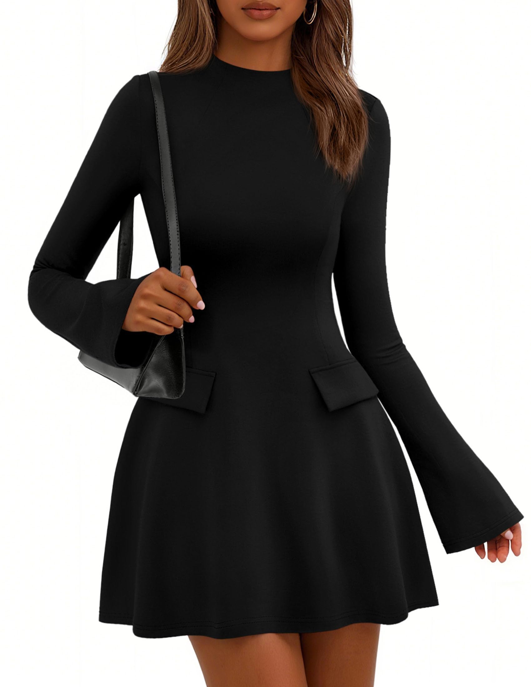 PRETTYGARDEN Women's Elegant Holiday Short Dress  Fall Bell Long Sleeve Mock Neck Work Business Casual Party Mini Dress