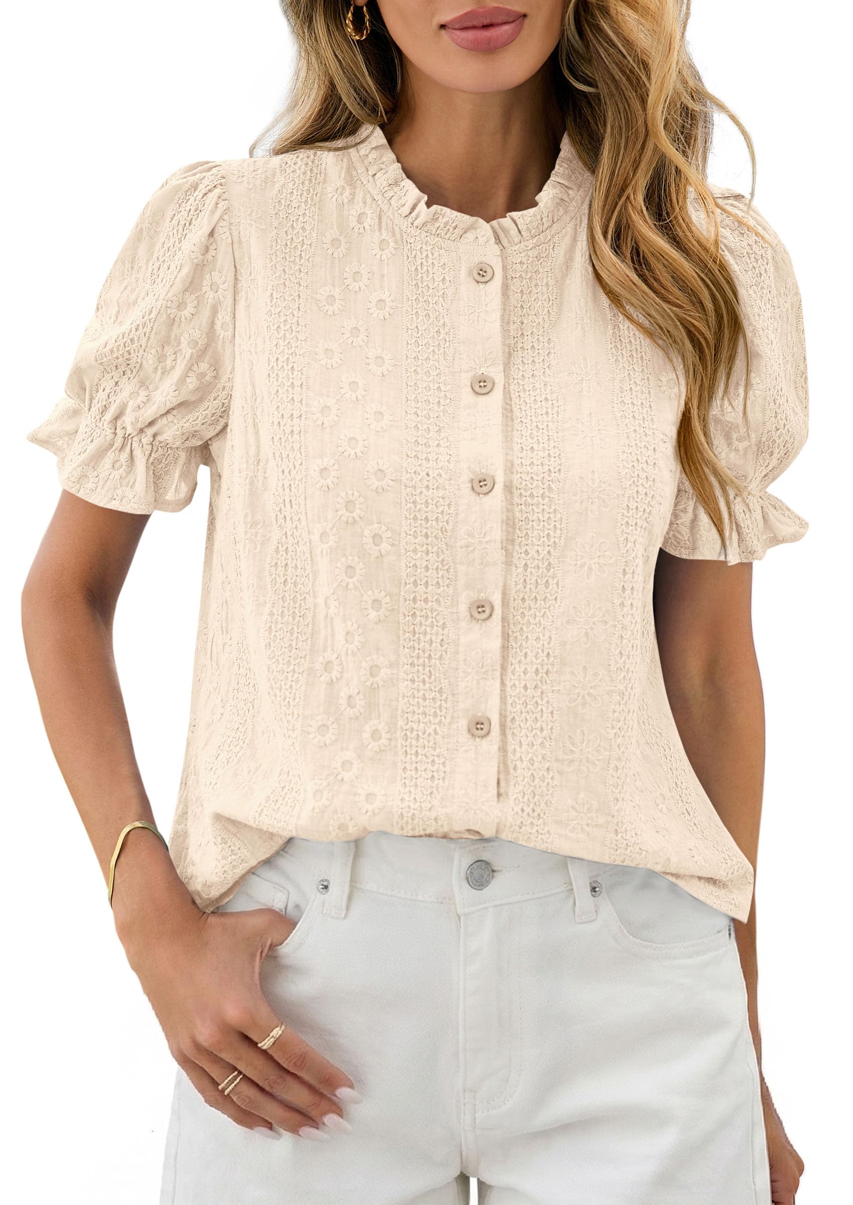 PRETTYGARDEN Womens Puff Short Sleeve Tops  Summer Spring Button Down Boho Embroidered Cute Blouse Dressy Casual Shirts