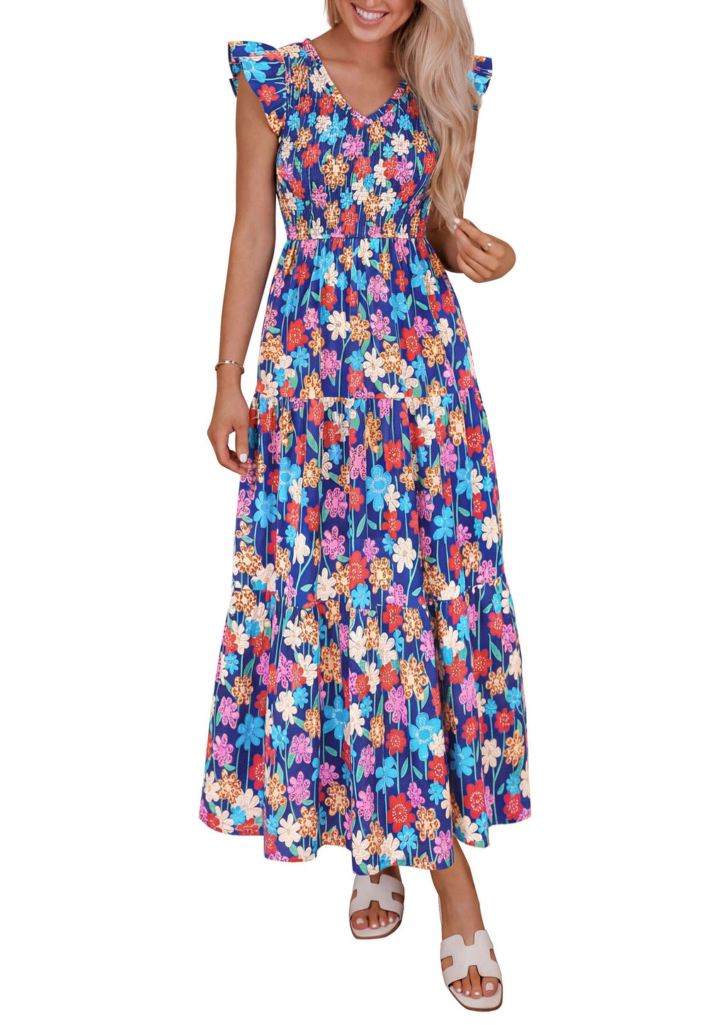 PRETTYGARDEN Women's Boho Floral Maxi Dress Summer Smocked V Neck Ruffle Sleeve Spring Flowy Beach Vacation Sundresses