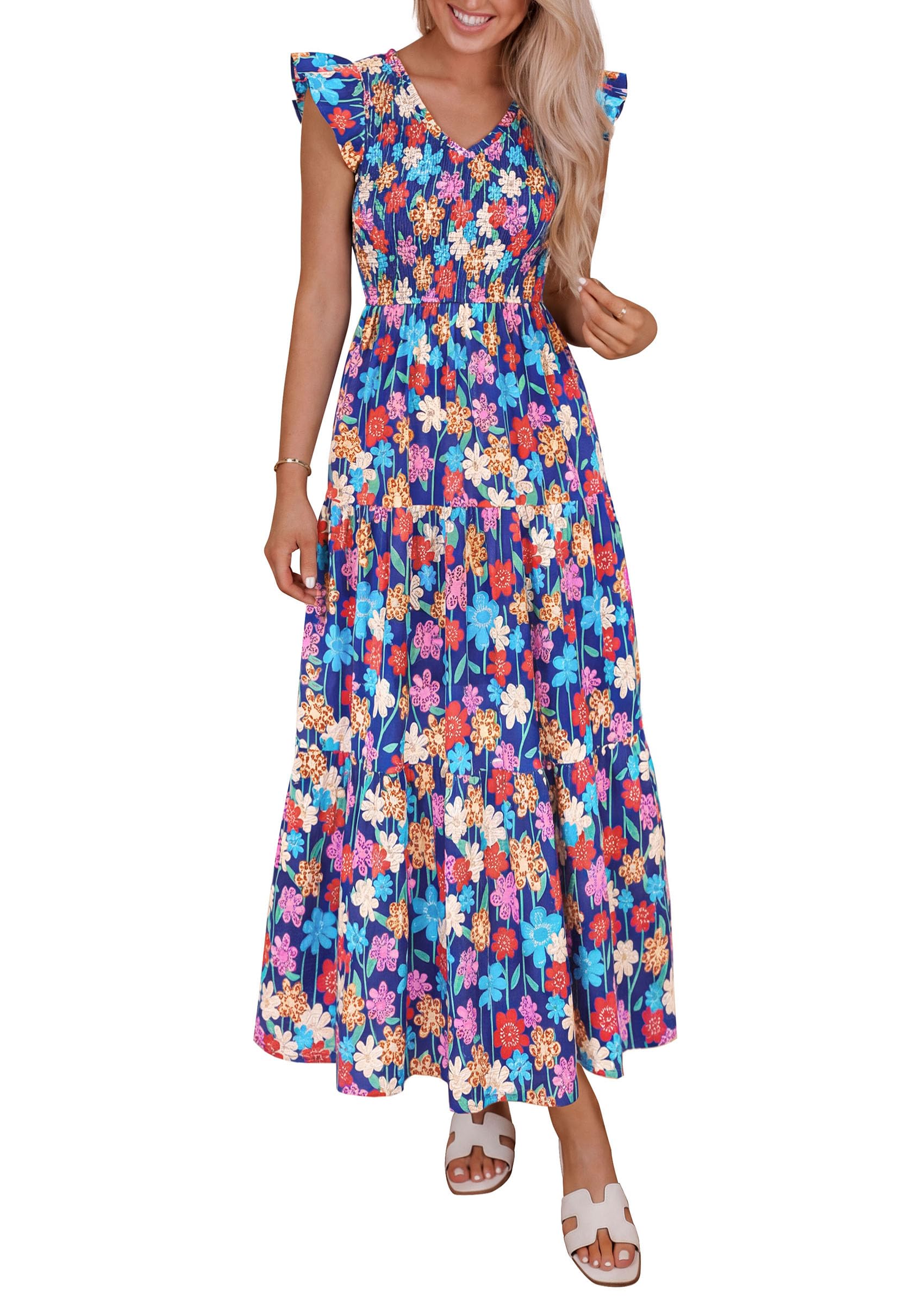 PRETTYGARDEN Women's Boho Floral Maxi Dress Summer Smocked V Neck Ruffle Sleeve Spring Flowy Beach Vacation Sundresses