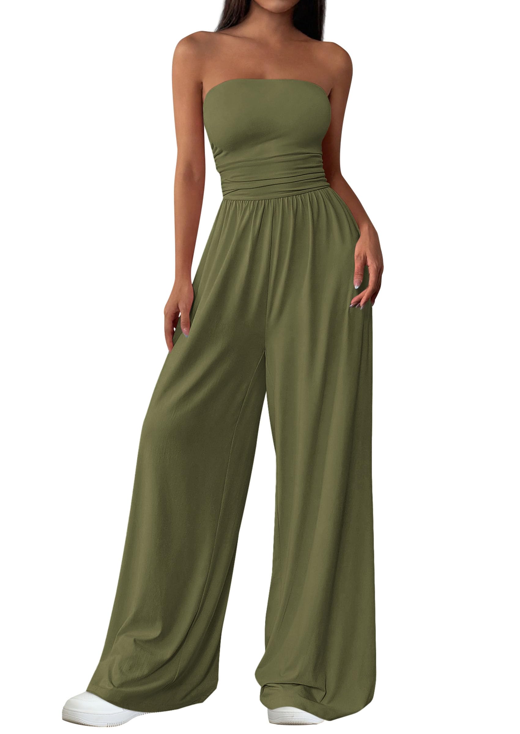 PRETTYGARDEN Womens Trendy Strapless Rompers Ruched Tube Top Wide Leg One Piece Jumpsuits Beach Vacation Summer Outfits